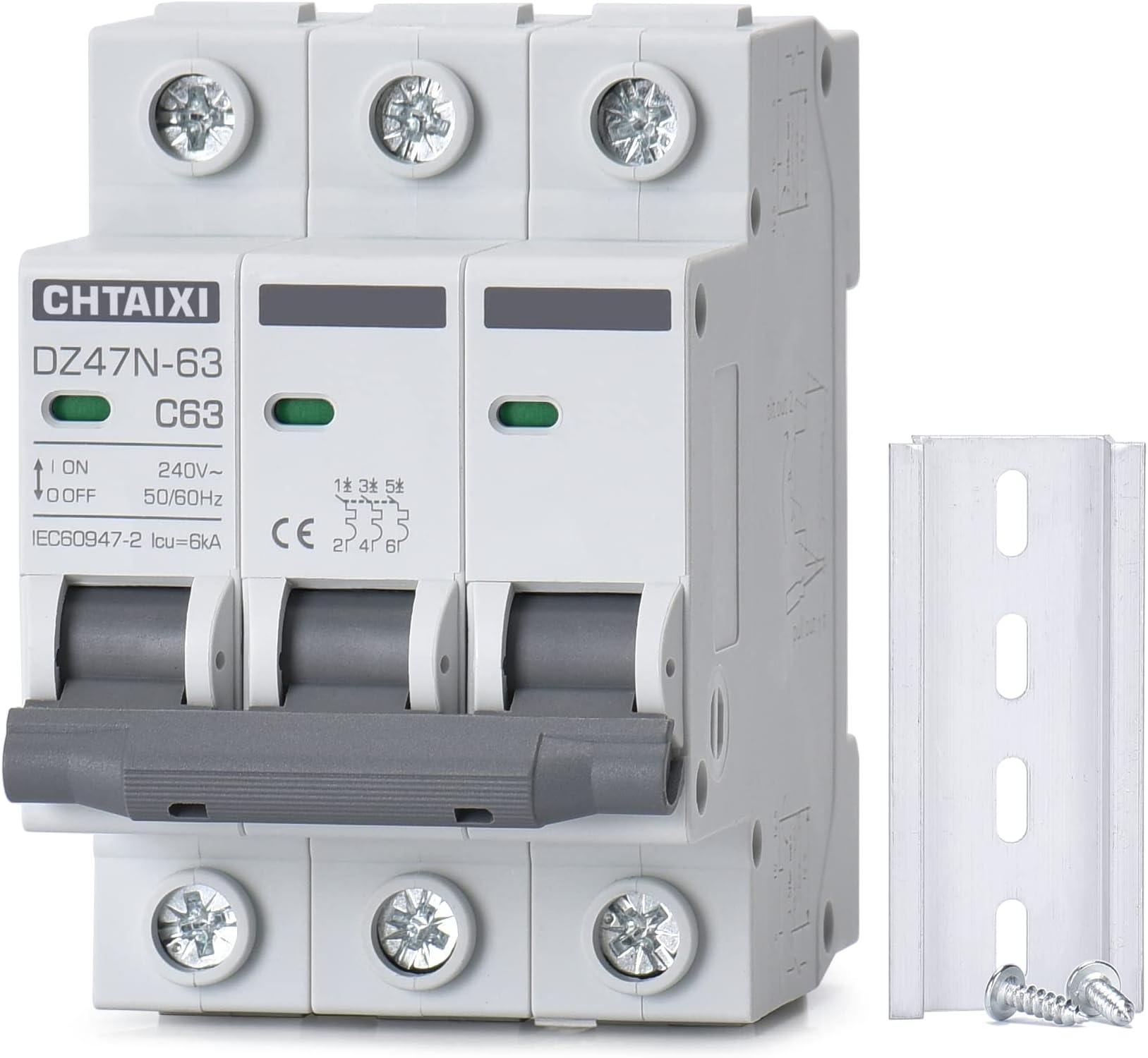 3 Pole DIN Rail Mount Circuit Breaker, 63 Amp 240V AC Miniature Circuit Breaker, Thermal Magnetic Trip AC Disconnect Switch MCB C63