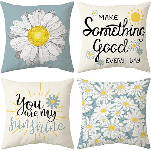 Home Decor Throw Pillows for Couch 18x18 Pillow Cover Set of 4 Blue and White Daisy Decor Couch Pillows for Living Room and Patio Sofa Pillows
