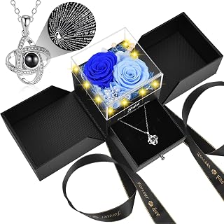 Preserved Blue Real Rose with I Love You in 100 Languages Necklace,Eternal Flowers Gifts for Women Wife Girlfriend Mom Grandma on Birthday Anniversary Valentines Mothers Day Christmas,Blue Rose