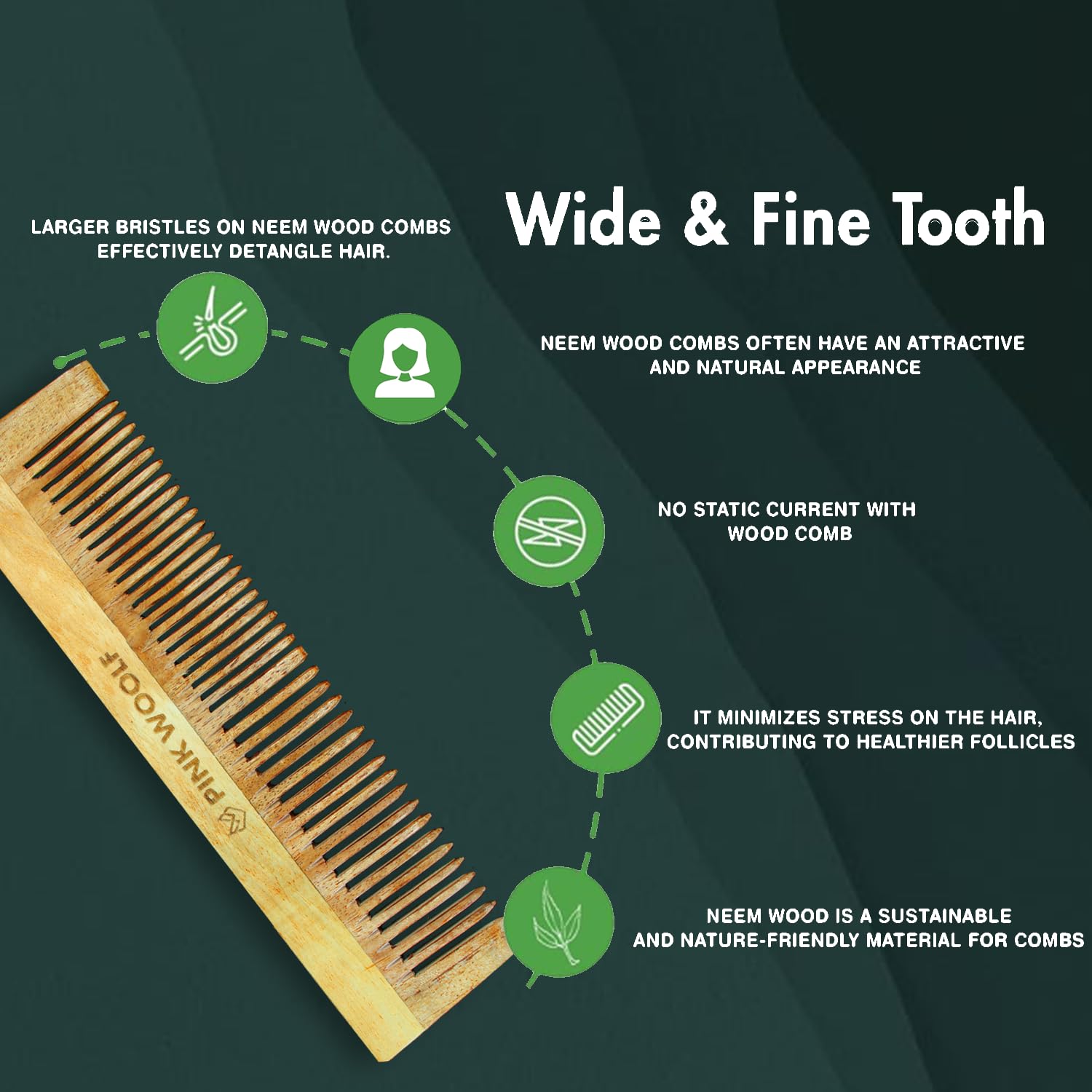 Pink Woolf Neem Wooden Comb Set for Men & Women | Pack of 3 Wide Tooth, Fine Tooth & Pocket Hair Comb | Natural Kacchi Neem Wood Comb for Detangling, Anti Static, Scalp Massage & Daily Hair Care for All Hair Types 3