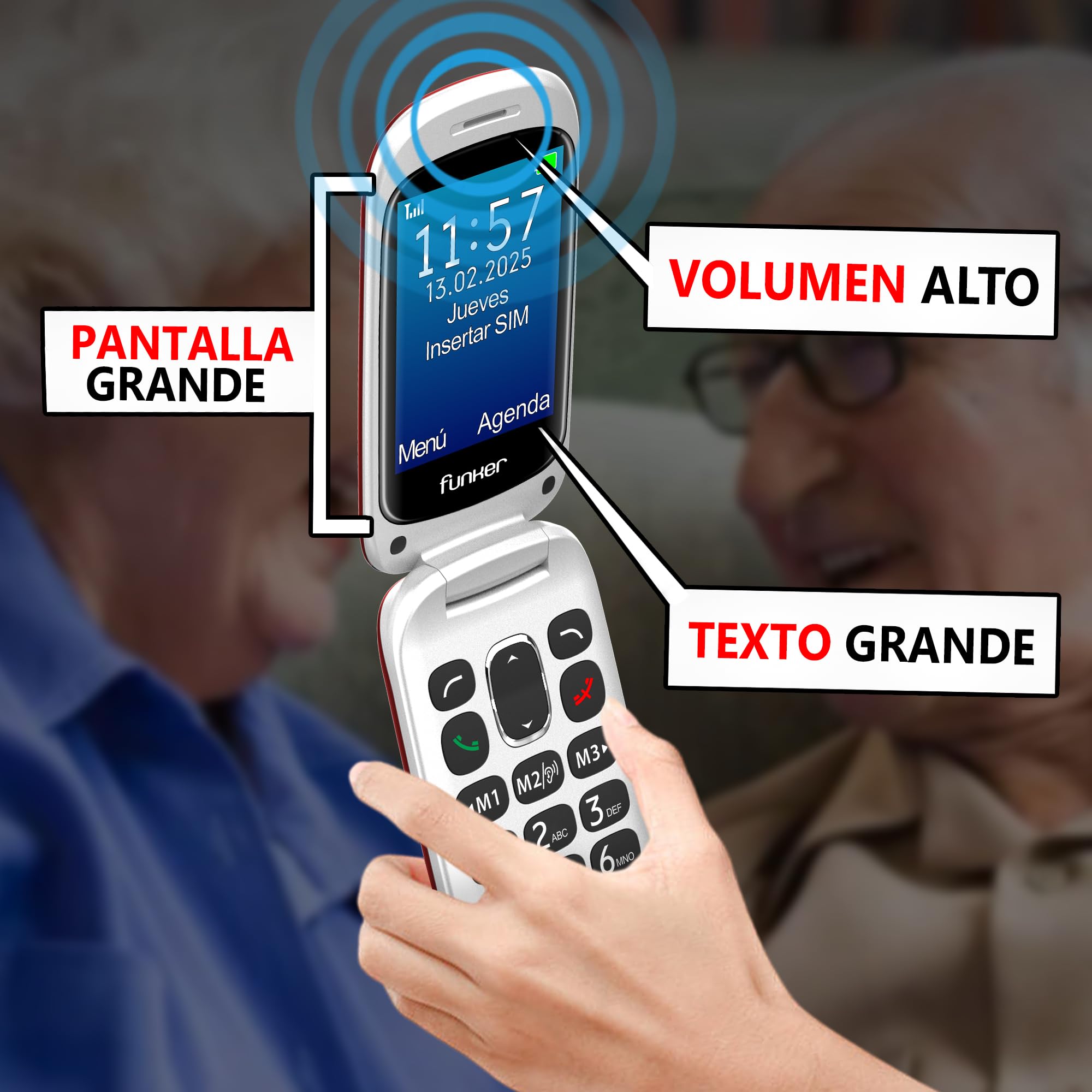 Funker E300 Max Audio 3 4G, Telefono movil tapa fácil de usar, Teclas y Pantalla grandes, AudioPRO compatible con audífonos, volumen muy fuerte con Amplificador, Configuración Remota, Botón SOS (Rojo)
