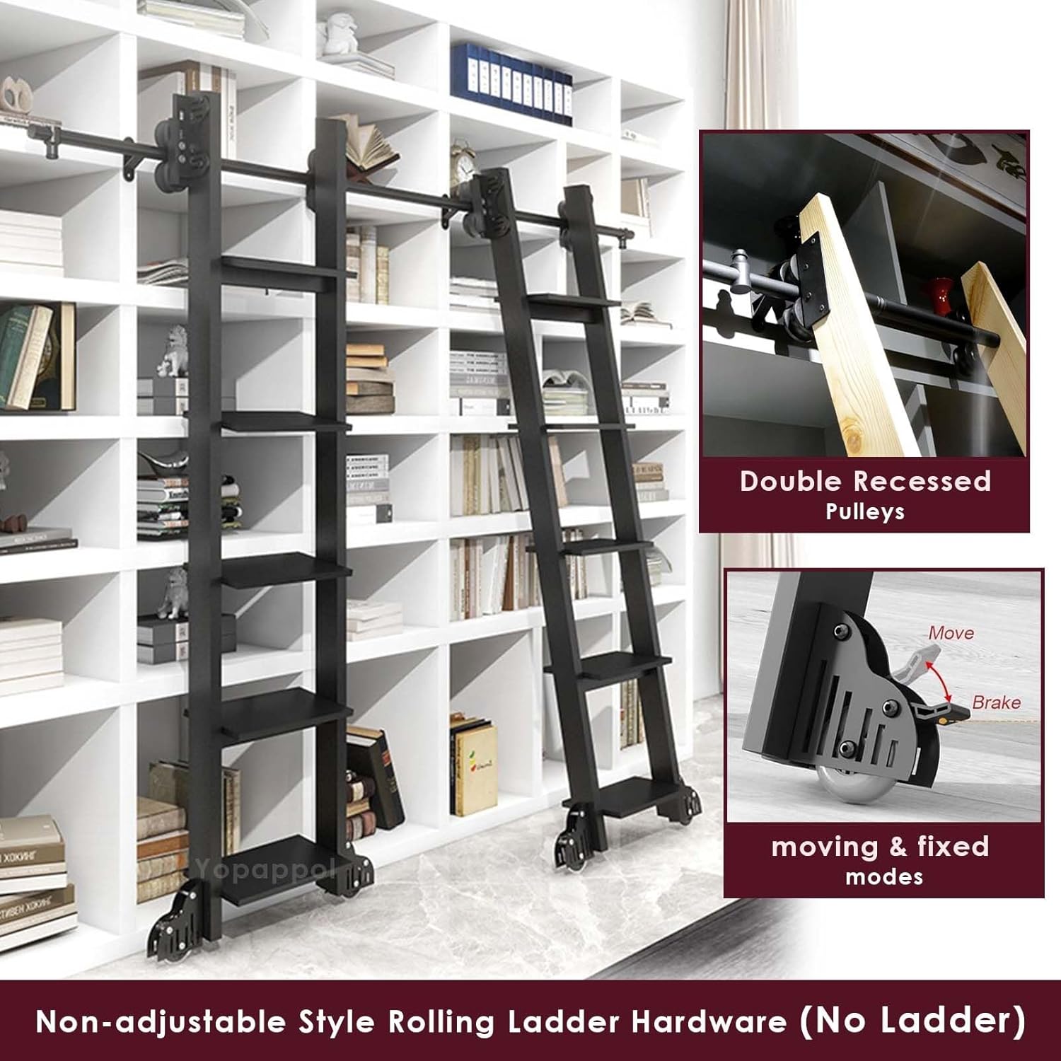 3.3ft-24ft Rolling Track Kit - No Ladder, Silent Pulley Type Mobile Hardware Library Ladder Accessory Floor Roller Wheels with Brake(Non-Telescopic,24ft/732cm Track kit)