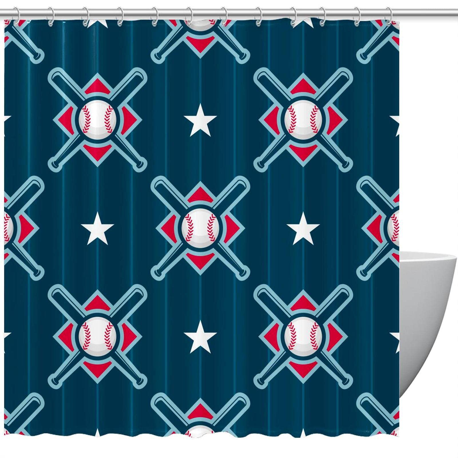 Rideau de douche bleu marine 183 x 183 cm à motif baseball pour douche et baignoire