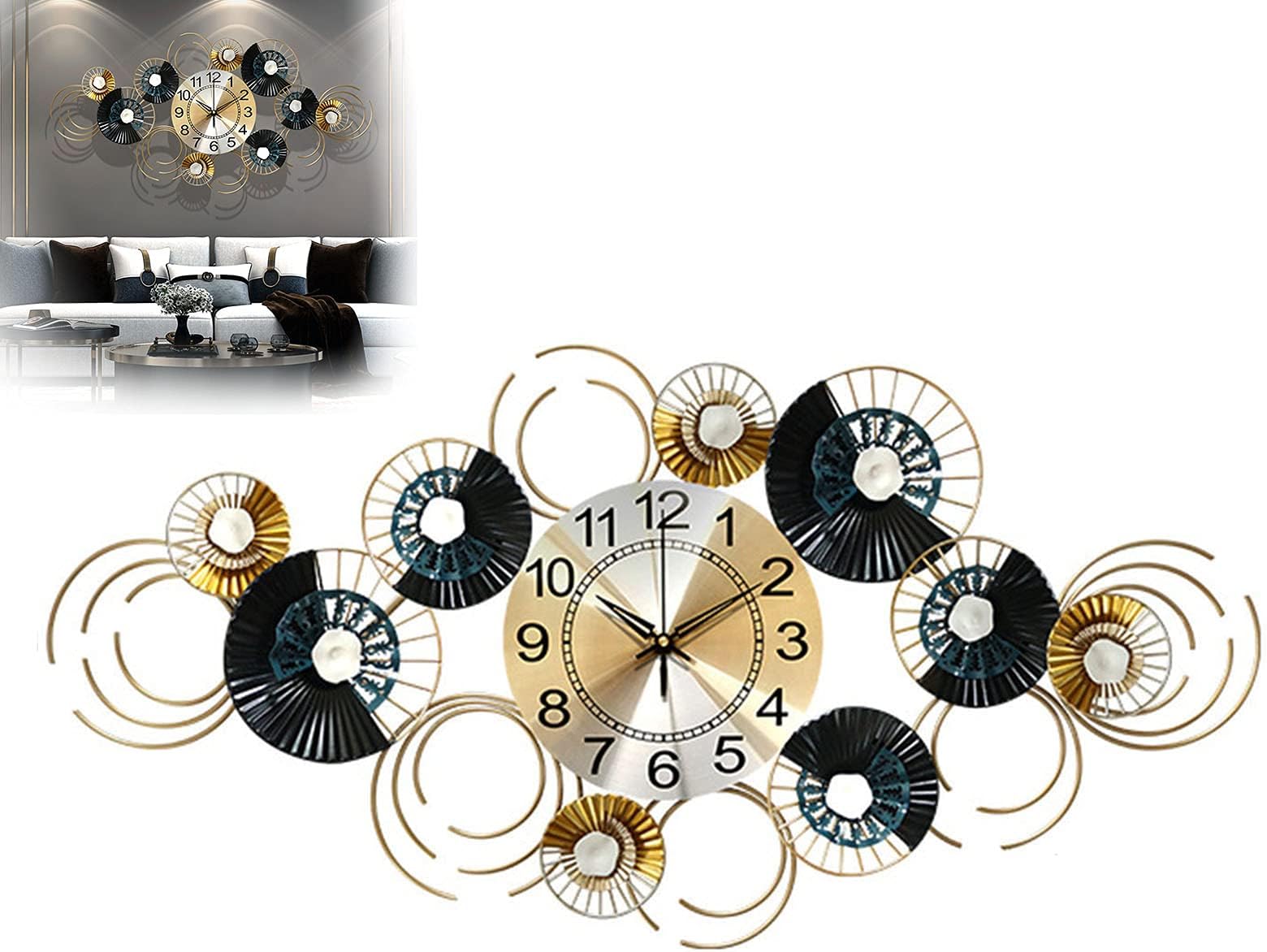 Large Metal Wall Clocks for Living Room Kitchen, Creative Sunburst Design Wall Clock Silent Wall Watches Non Ticking Decoration Clock Home,Horizontal 100x55cm