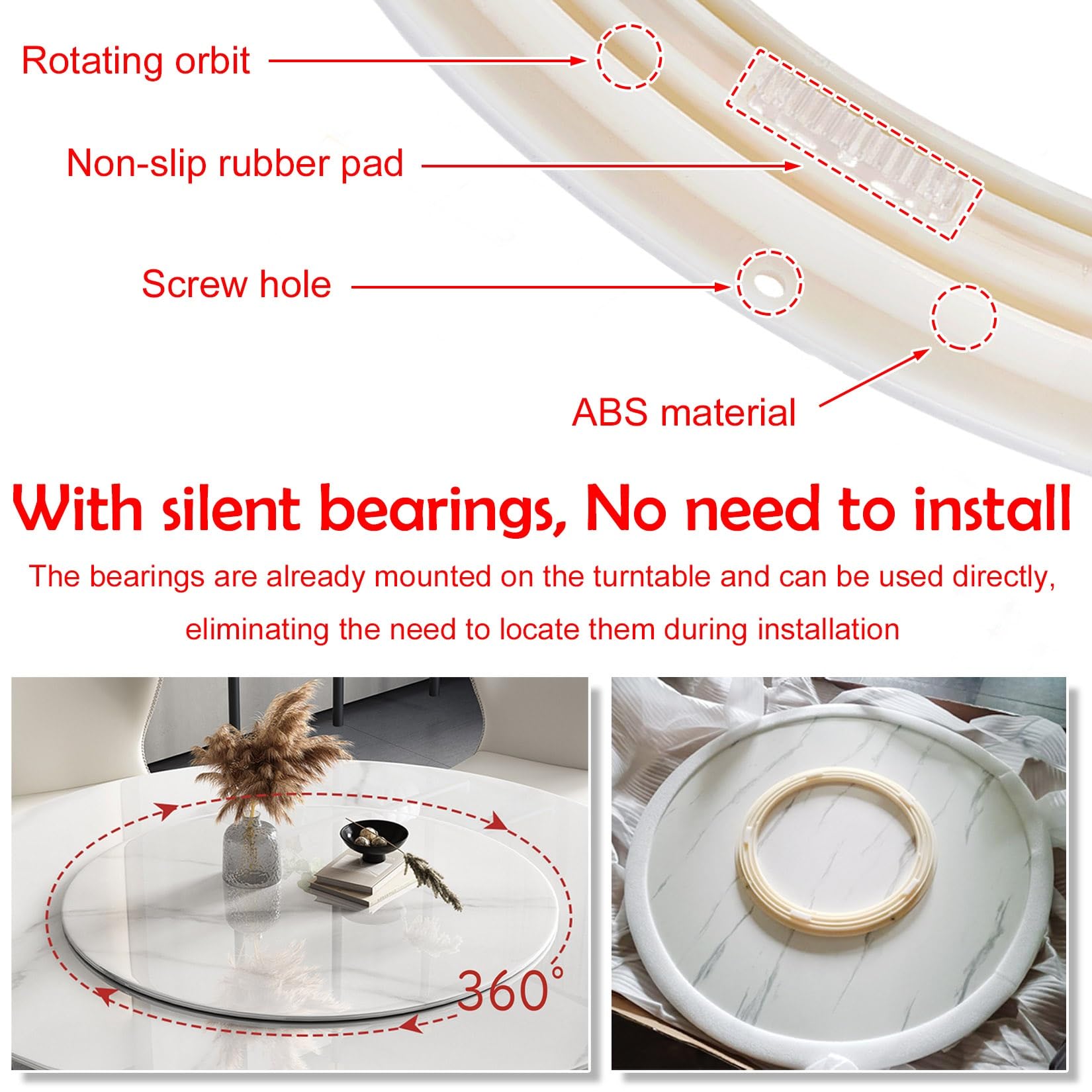 Lazy Susan - Bandeja giratoria silenciosa de madera de 360° - Bandeja antideslizante para mesa de comedor, plato redondo para servir, plato giratorio grande con rodamientos lisos