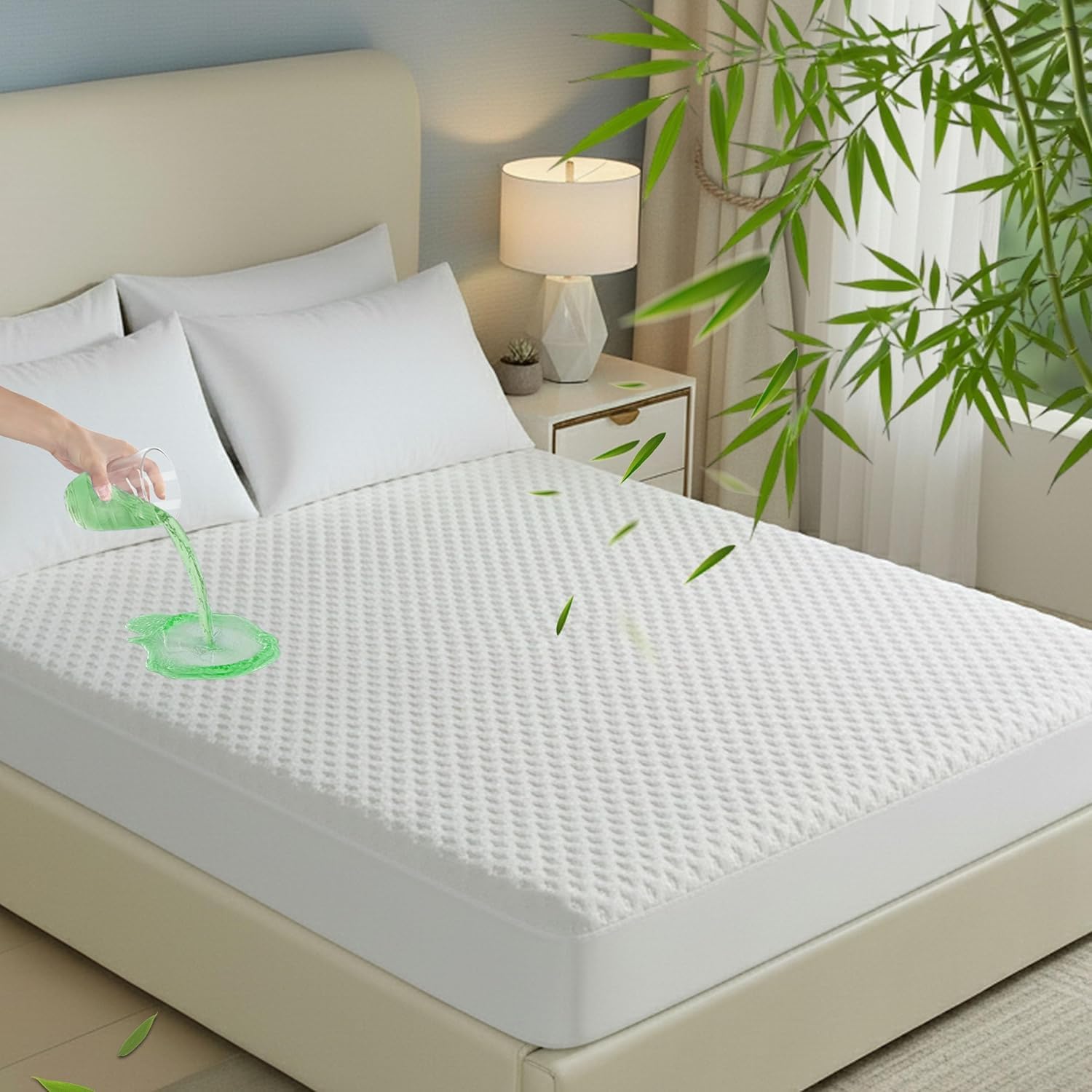 King Size Mattress Protector, 100% Waterproof & Breathable Rayon derived from Bamboo, 3D Air Fabric Cooling Viscose Bed Cover Noiseless, 18-21" Deep Pocket