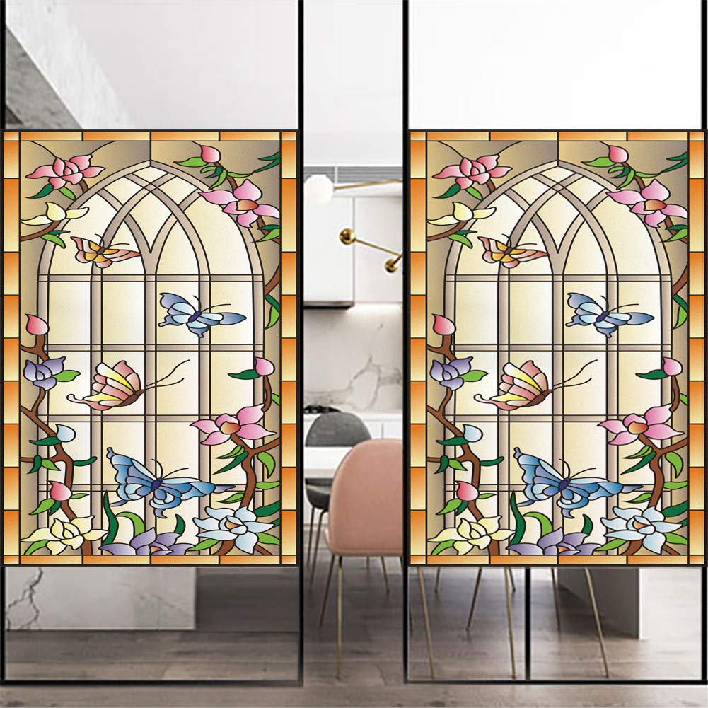 Privacy Window Film No Glue Window Cling Self Adhesive Static Cling Window Film Vinyl Glass Decorative Frosted Glass Sticker Flowers Butterfly Pattern 89x160cm(35