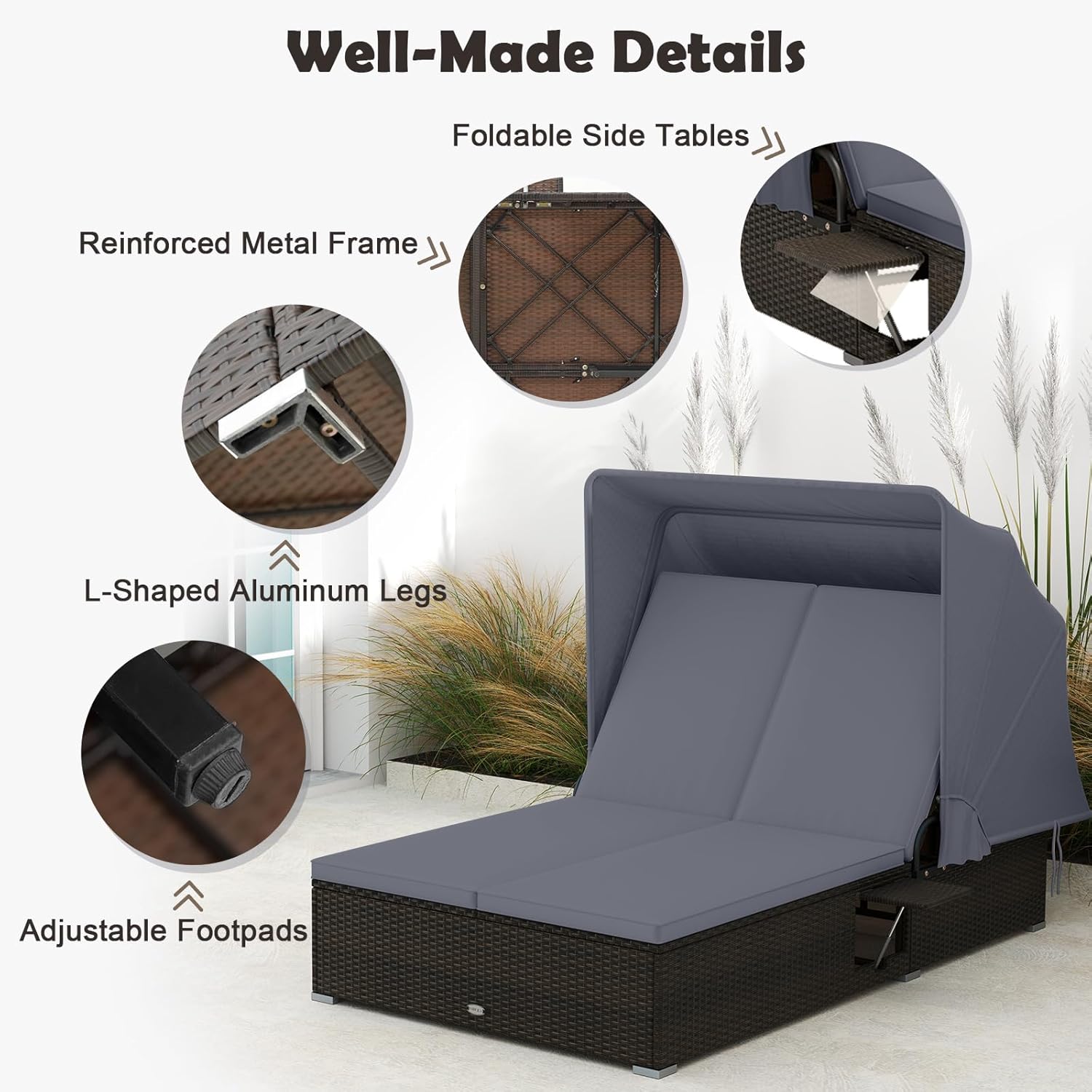 Tangkula Outdoor Rattan Daybed with Canopy & 6-Level Adjustable Backrests, 2-Person Wicker Recliner Bed with Cushions & Folding Side Trays, Double Sunbed Lounger for Balcony, Backyard & Poolside