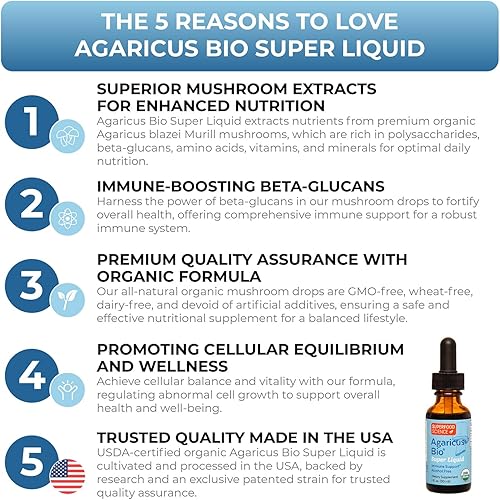 Superfood Science Agaricus Bio Super Liquid - Suplemento de hongos Murill Agaricus Blazei - Extracto de hongos gotas de tintura con alto contenido