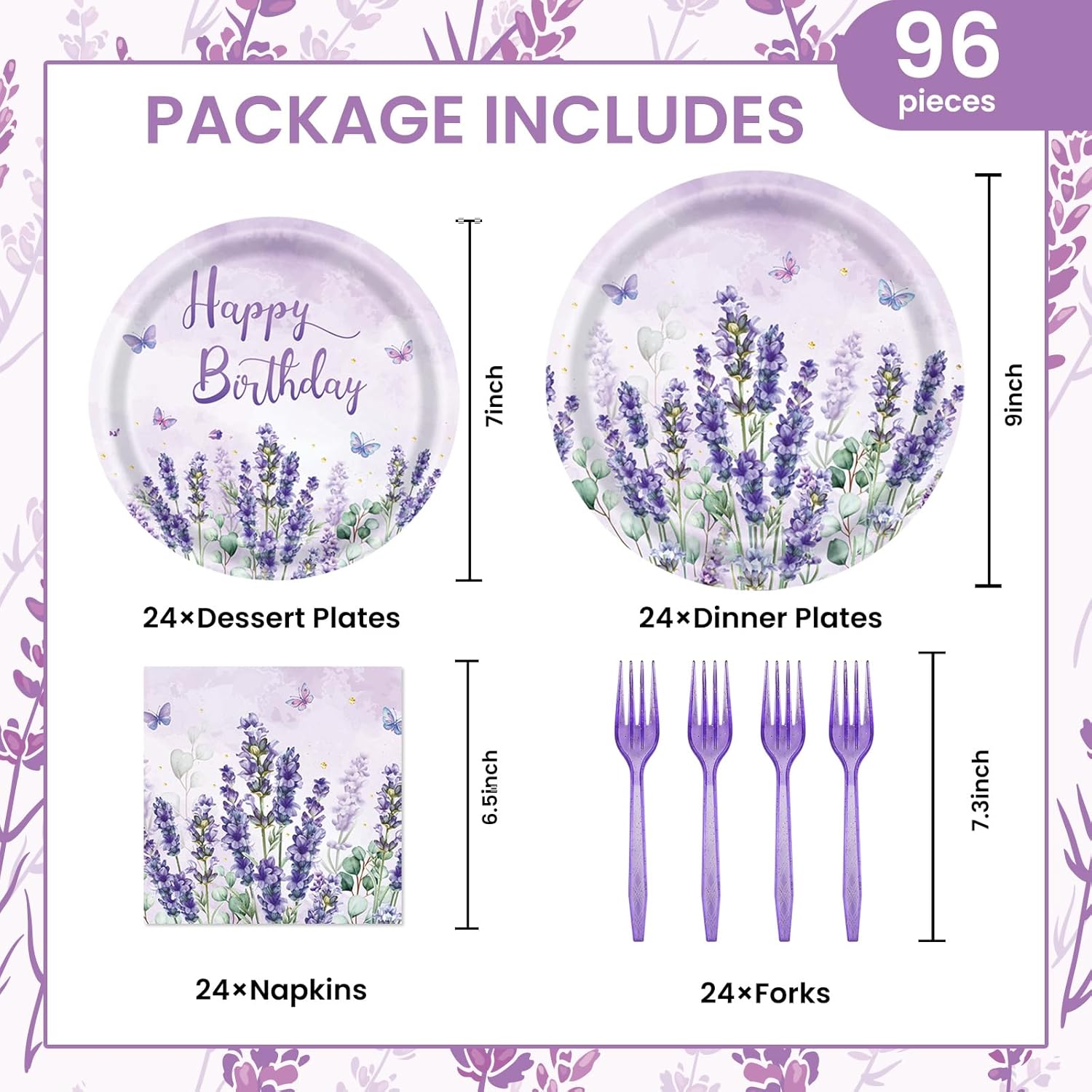 96Pcs Purple Party Supplies Lavender Paper Plates Napkins Watercolor Blooming Floral Cake Dessert Butterfly Birthday Floral Tableware for Birthday Wedding Picnic Baby Shower Decorations | 24 Guests - Image 2