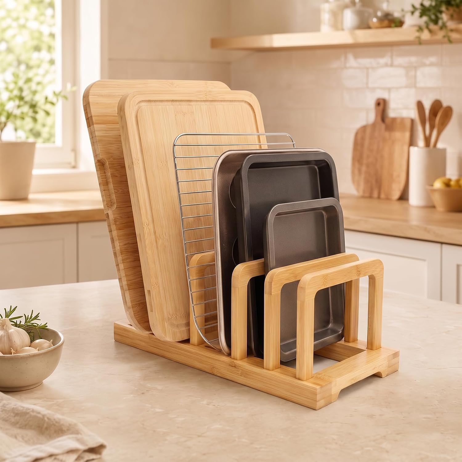5-Slot Adjustable Cutting Board Rack,Bamboo Cutting Board Organizer Stand Holder,Chopping Board Holder,Pot Pan Lid Rack kitchen Shelf Bakeware for Kitchen Storage