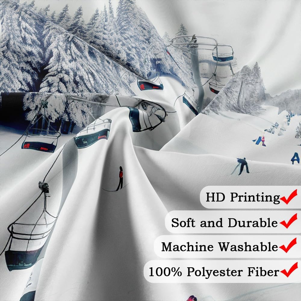 NYMB Sport Shower Curtain, Winter Holiday Travel Snow Mountain Skiing Cable Car, Polyester Fabric Snow Bath Curtain, Christmas Bathroom Shower Curtain Set with Hooks, 69X84in