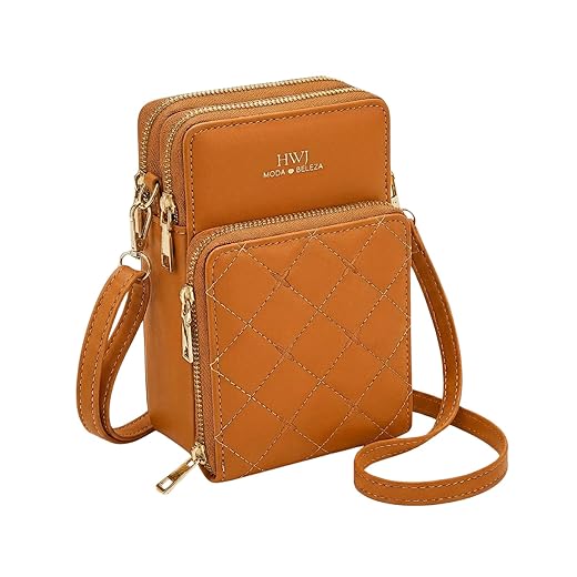 Bolsa Feminina Transversal Pequena Porta Celular, Couro Ecológico Matelassê, Três Divisões com Zíper, Alça Regulável