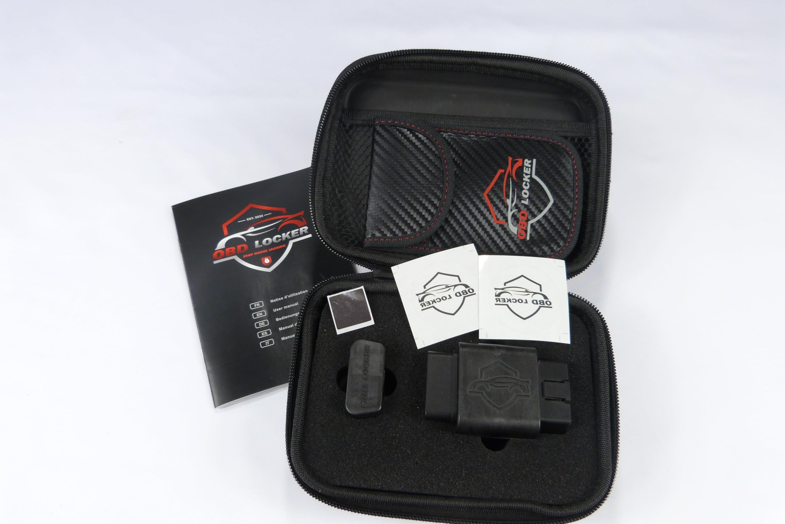 Antivol Prise OBD2 Codage Unique | Protection Contre vol électronique Voiture | Étui + Pochette RFID + Autocollants Inclus