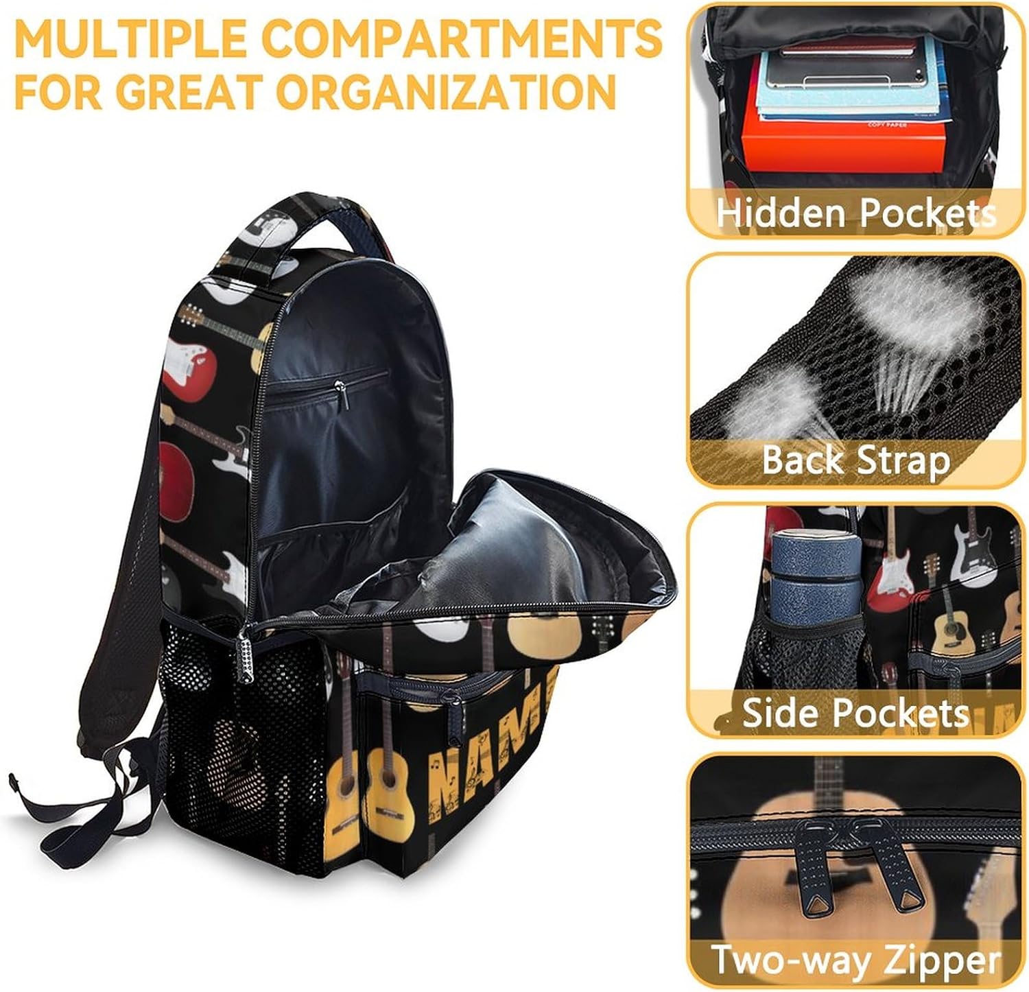 Mercuryelf Personalized Guitar Kids Backpack with Lunch Box Set, 3 in 1 School Backpacks Matching Combo, Popular Black Bookbag and Pencil Case Bundle