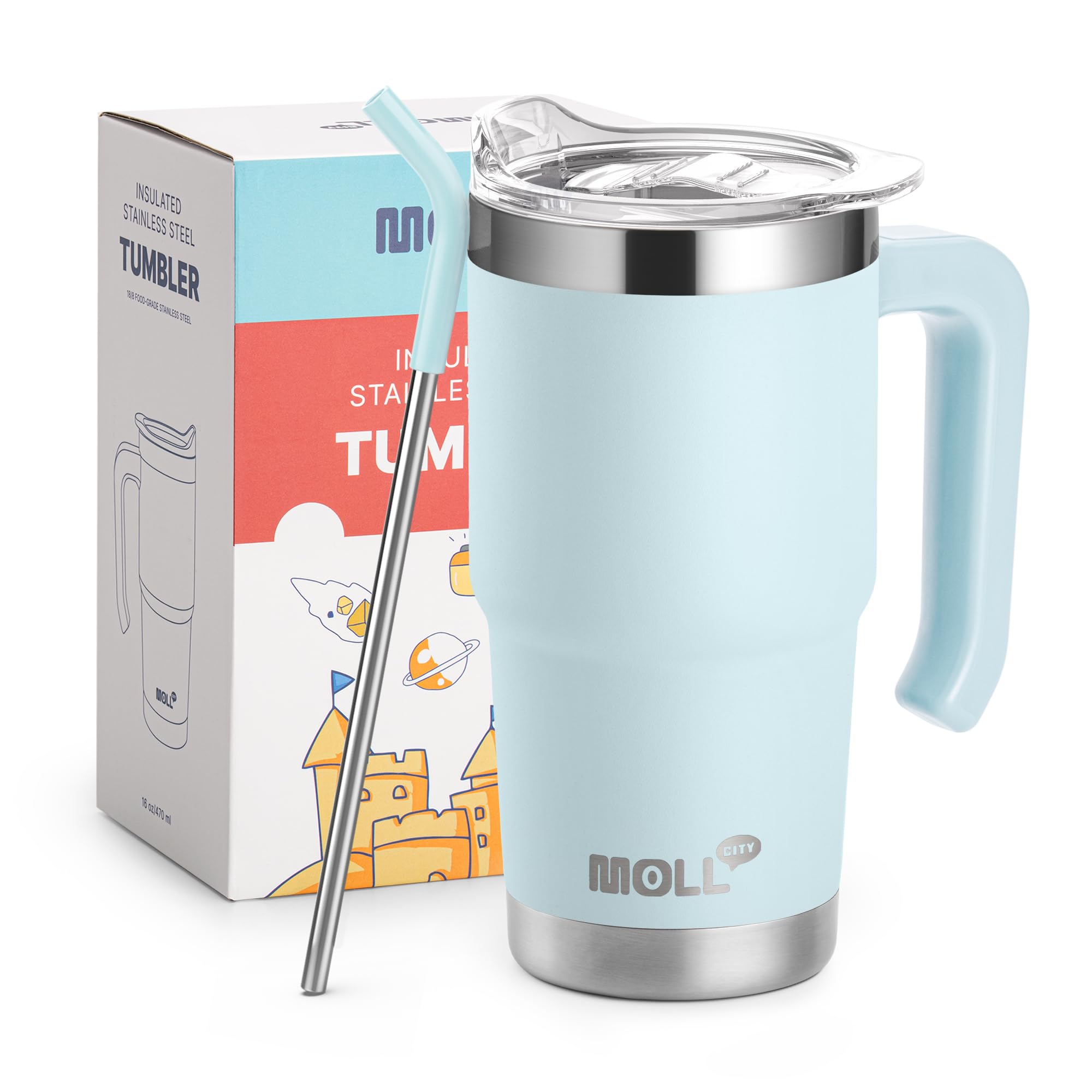 Travel Coffee Mug with Handle 16 oz Stainless Steel Double Wall Vacuum Insulated Tumbler Cup with Lid and Straw (Baby Blue)