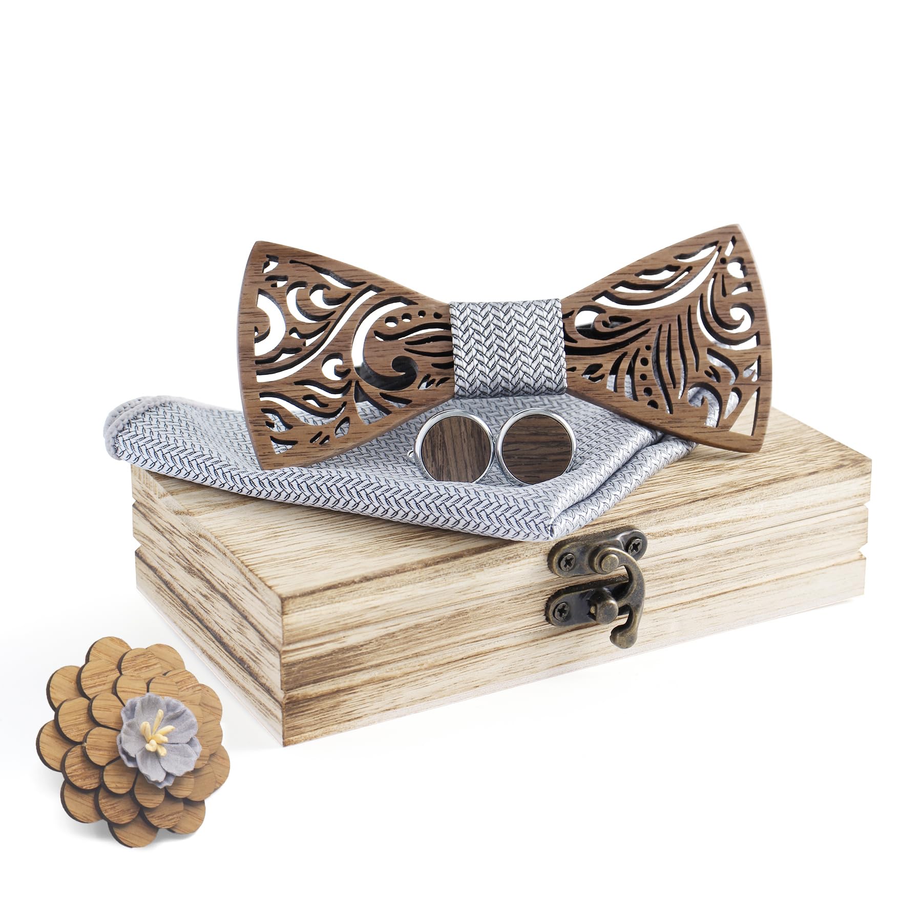 Lot de 3 nœuds papillon en bois avec boutons de manchette, foulard carré (3 pièces) - Design ajouré unique - Convient pour une utilisation dans plusieurs scènes