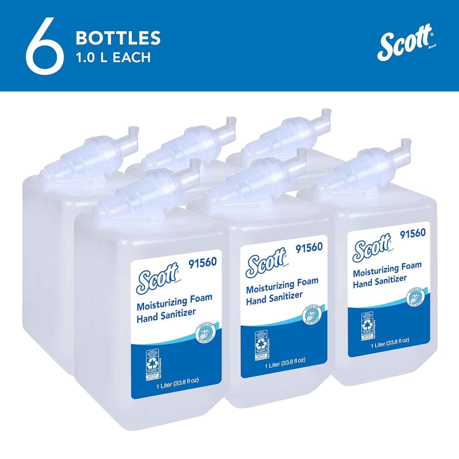 Scott Professional Moisturizing Foam Hand Sanitizer (91560), 1.0 L, Foaming, Clear, Fresh Scent Manual Soap Refills, NSF E-3 (6 Bottles)