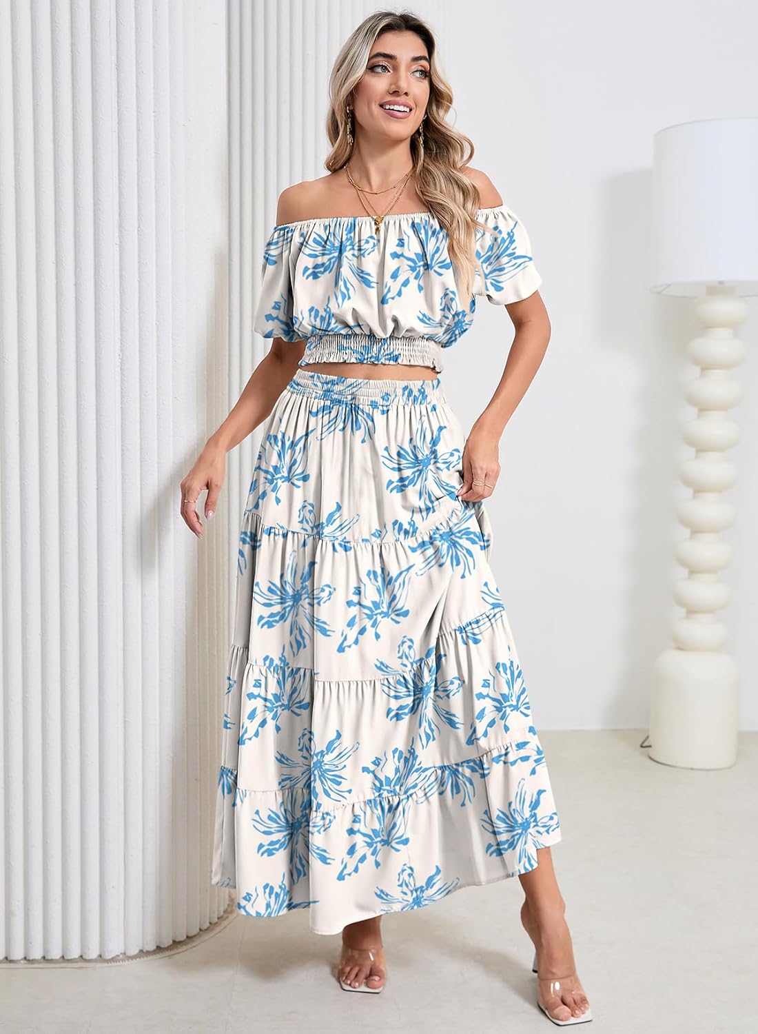 HUUSA 2026 Summer 2 Piece Boho Outfits for Women Short Sleeve Off Shoulder Crop Top and High Waist Flowy Long Skirt Set - Image 7