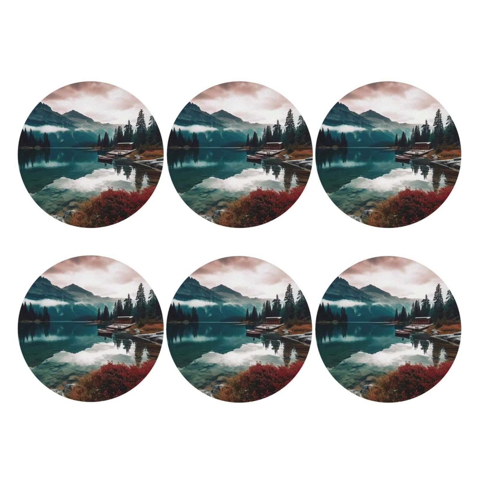 6pcs Leather Coasters for Drinks, Scenic Lake Drink Coasters for Tabletop Protection, 4" Cup Coasters for Coffee Table Decor, Non-Slip Drinking Cup Mat for Hot Or Cold Drink