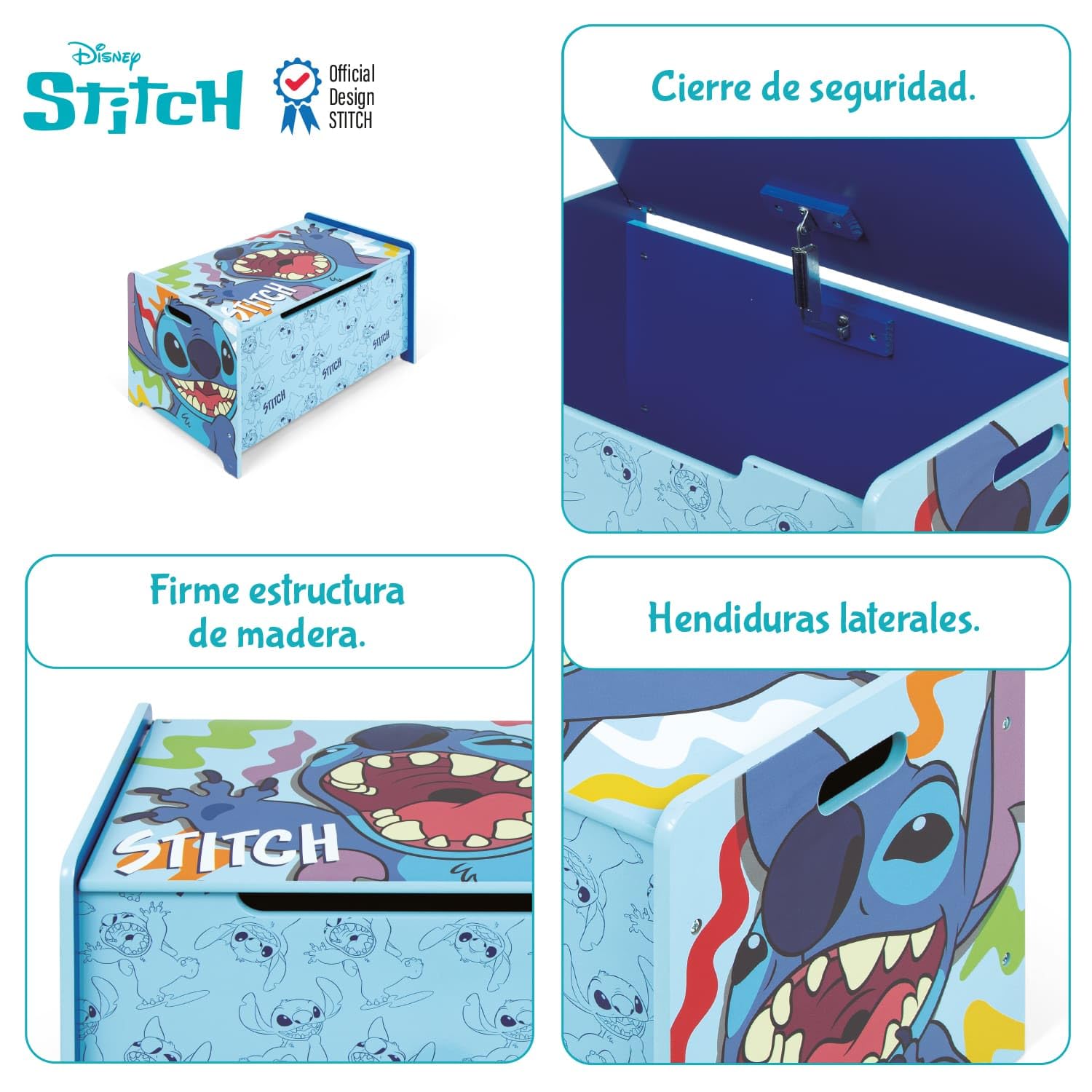 ARDITEX – Spielzeugtruhe aus Holz Stitch – 62,5x40x37 cm – Farbe Blau – Ideal zum Aufbewahren von Spielzeug, Kleidung oder Gegenständen im Kinderzimmer
