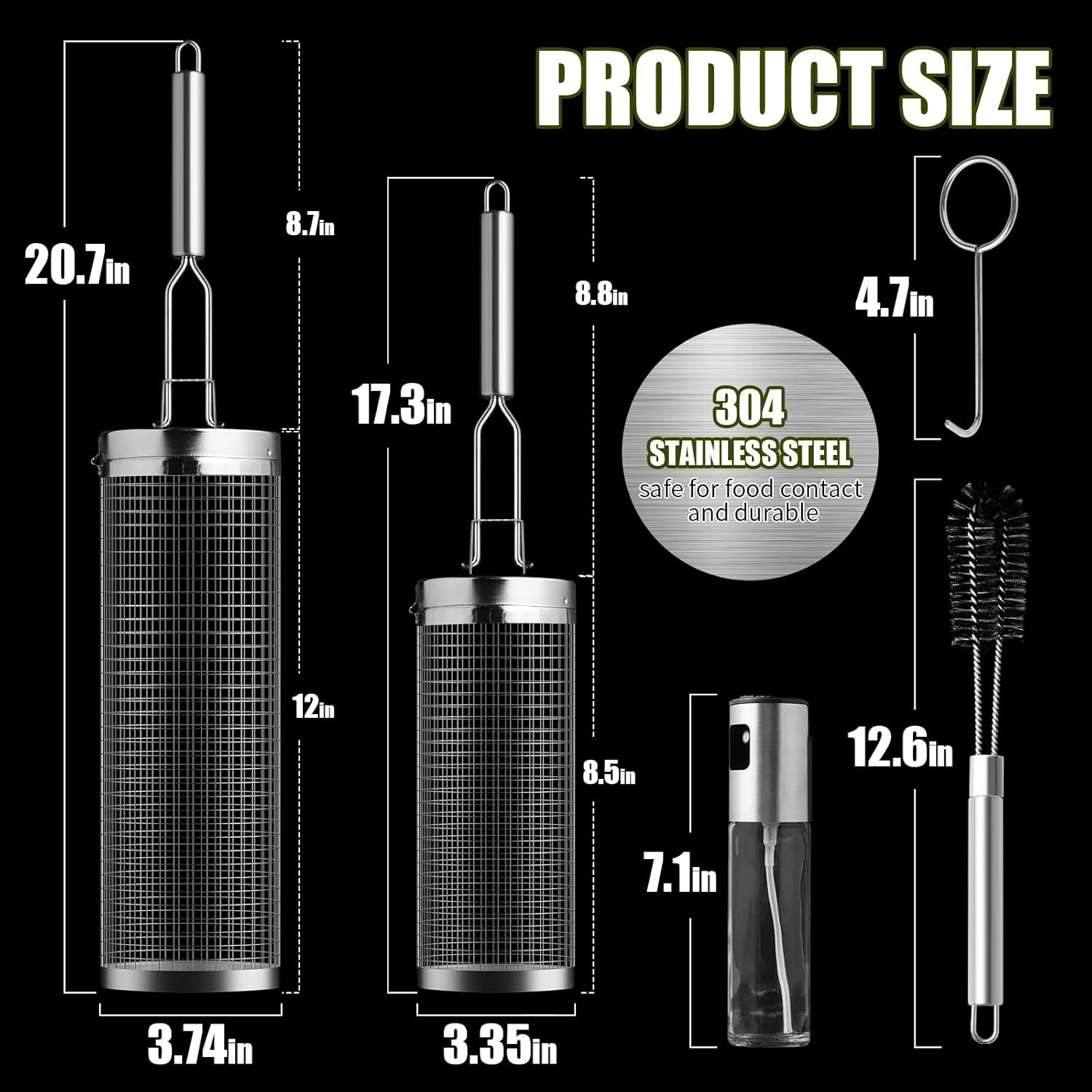 Rolling Grill Baskets (2PCS), 304 Stainless Steel with Removable Stainless Steel Handle, Rolling Grilling Net, BBQ Accessories Tools for Vegetables Shrimp, Outdoor Cooking Camping, Gifts for Men Dad Husband