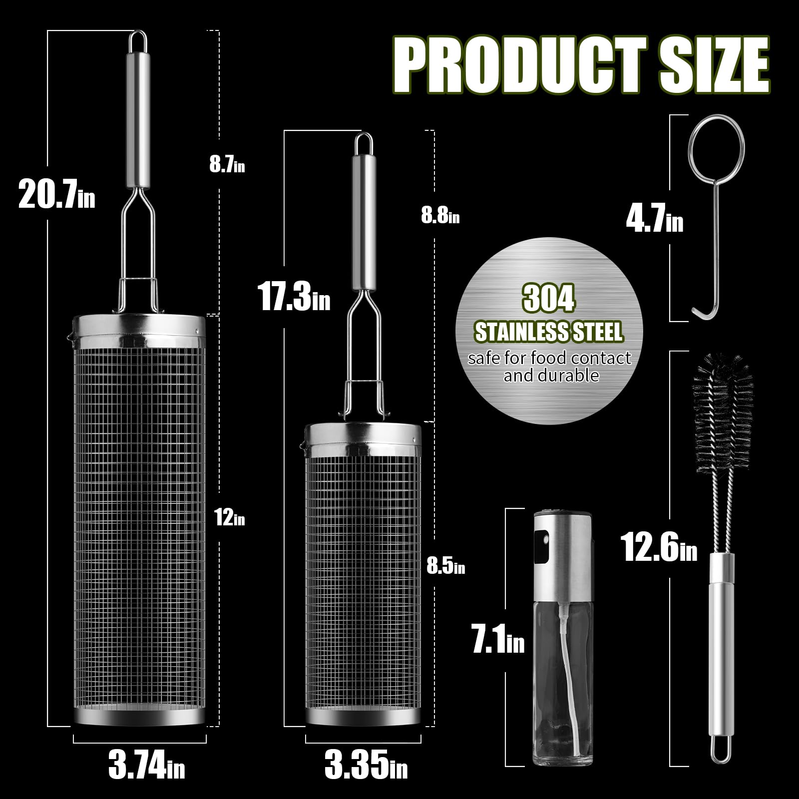 Meytunsin Nesting Grill Baskets (2PCS), 304 Stainless Steel with Removable Stainless Steel Handle, Rolling Grilling Net, BBQ Accessories Tools for Vegetables Shrimp, Outdoor Cooking Camping, Gifts for Men Dad Husband