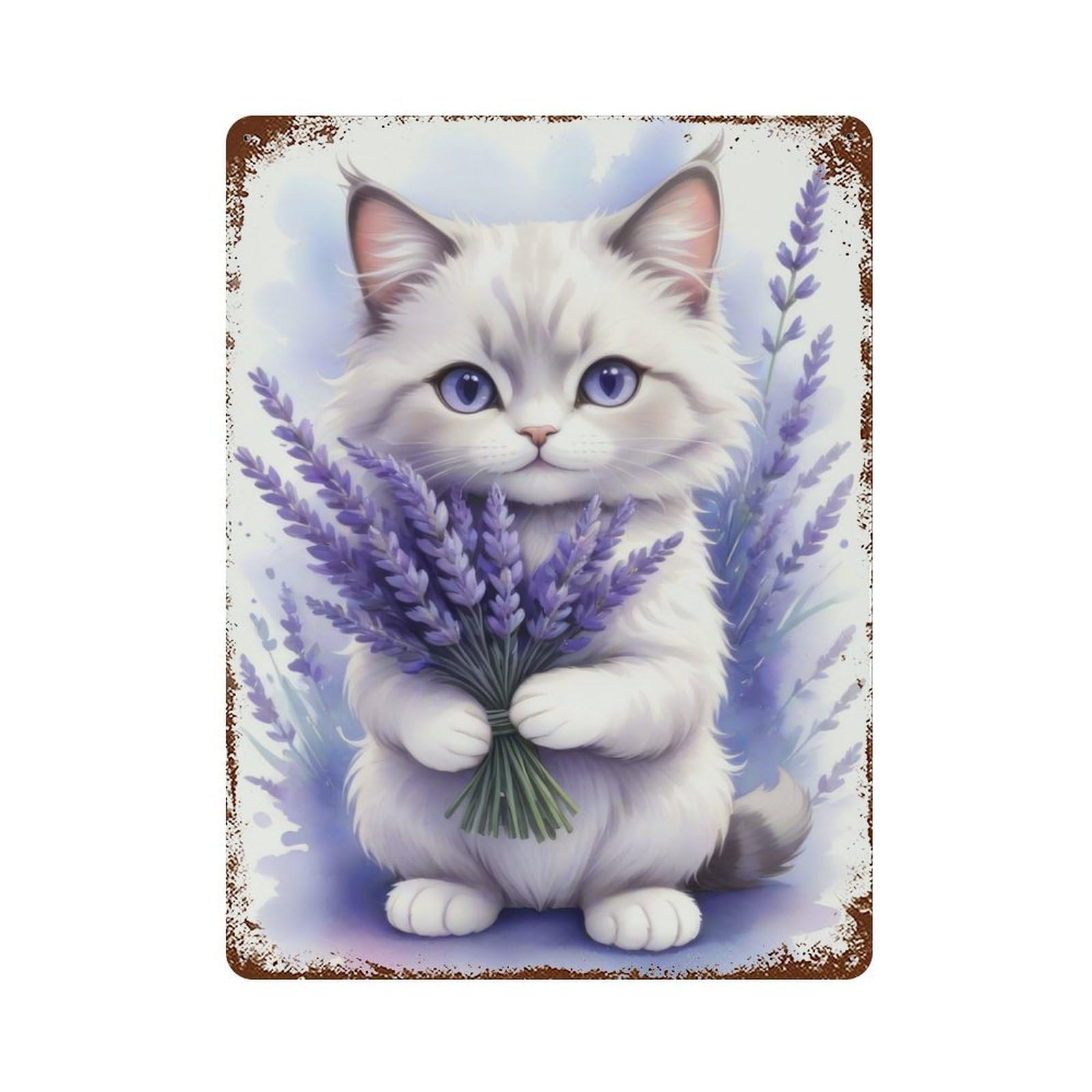 Cute Cat with Lavender Decorative Tin Sign 15.7"x11.8", Farmhouse Wall Decor for Living Room, Hallway And Home Decor