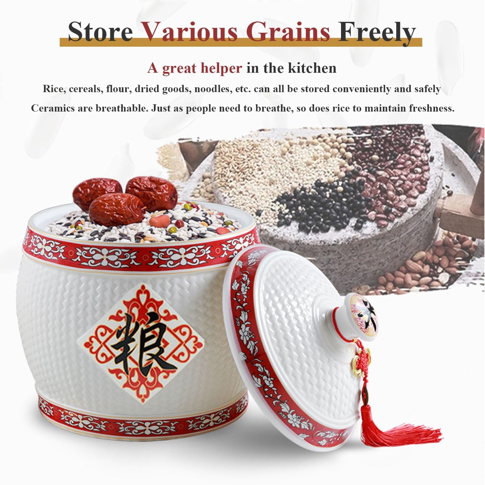 Vasi Di Conservazione Per Cibi In Stile Cinese Tradizionale, Distributori Classici Di Cibi, Vaso Per Riso In Ceramica Con Coperchio, Scatola Domestica Per La Conservazione Del Riso Con Coperchio(A,12.