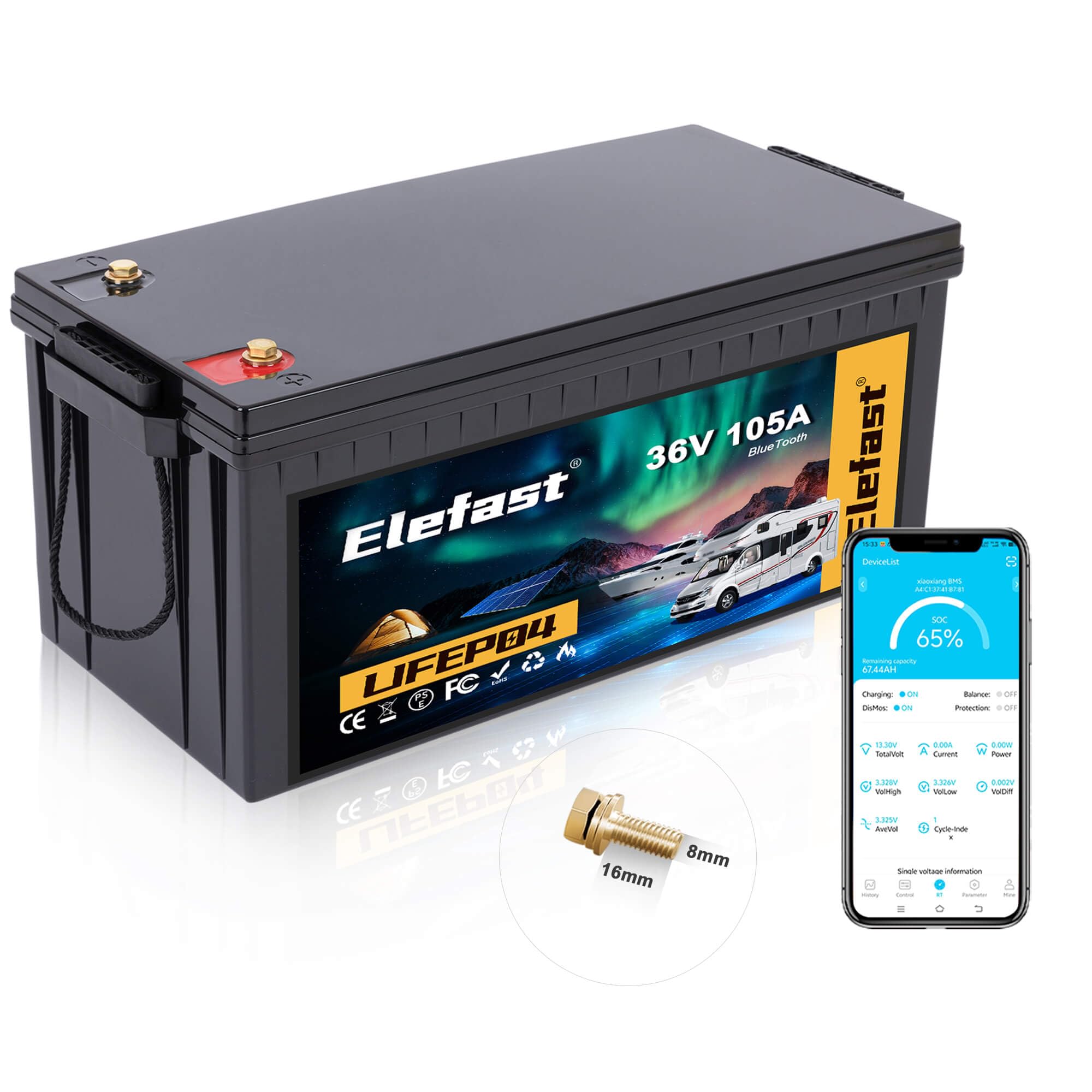 36V Lithium Battery 105A Lifepo4 Golf Cart Batteries Built-in Bluetooth and 200A BMS,Supports 3C Discharge Peak Current 600A,Up to 6000+ Deep Cycle,Perfect for Golf Carts,Trolling Motor,Marine