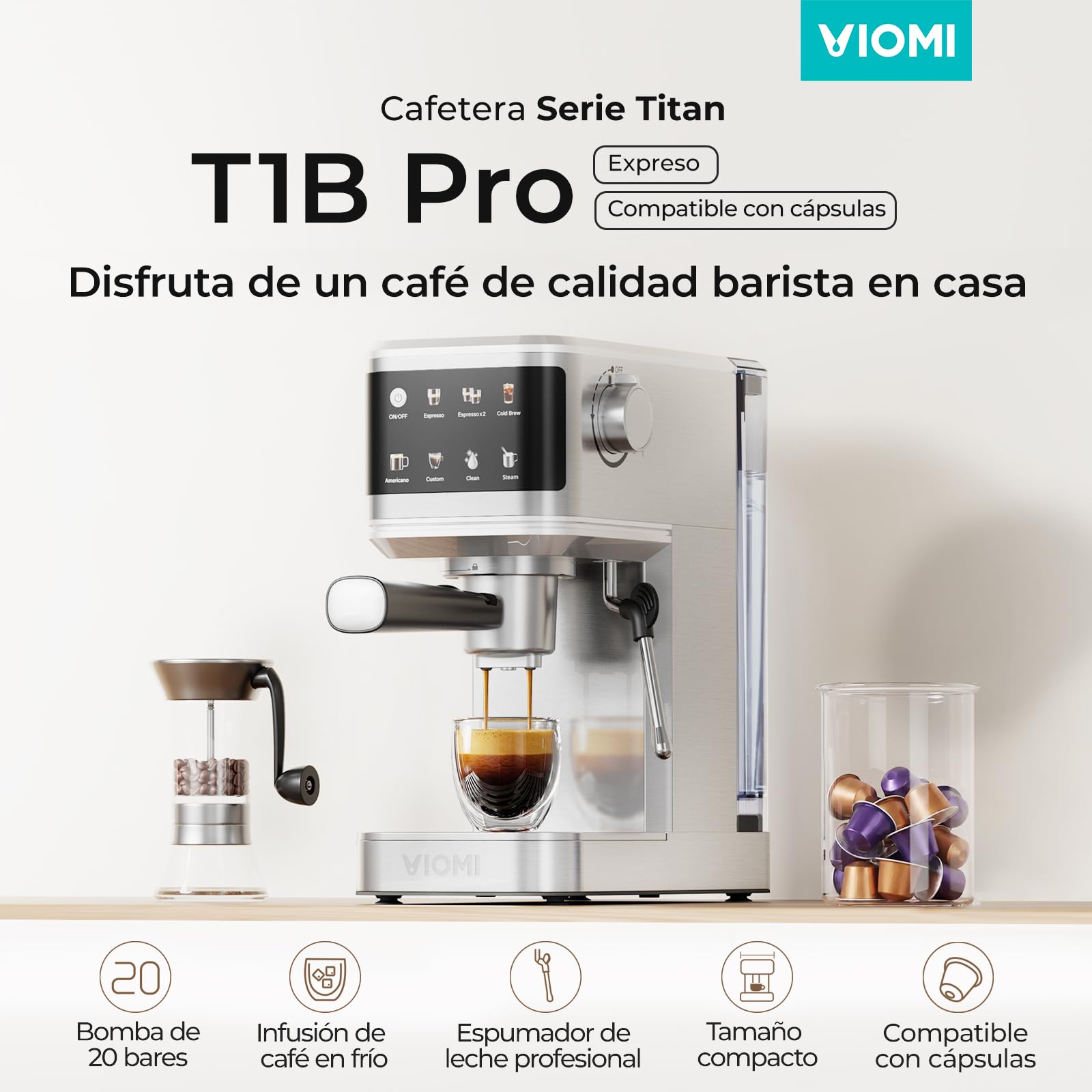 VIOMI T1B Pro 20 Bar Cafetera Espresso con Espumador de Leche, 2 en 1 | Café Molido y Cápsulas, Cold Brew, Pantalla Táctil, Para Cappuccino y Latte, Autolimpieza, Depósito 1,1 L, Acero Inoxidable