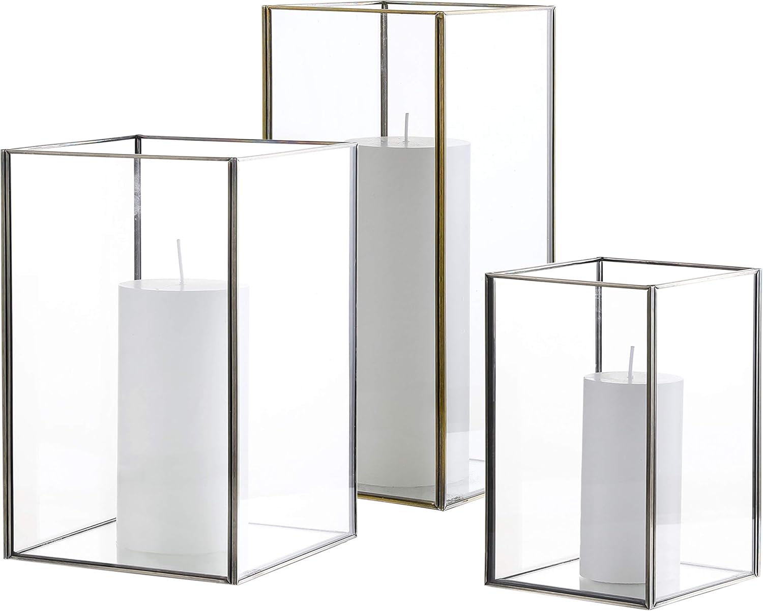 Set of 3 Square Glass Hurricane Candle Holders, Clear Glass Framed in Vintage Brass, Pefect for Spa , Hotel, Festival, Home Decoration,( Bronze Fram Finsh) : Home & Kitchen