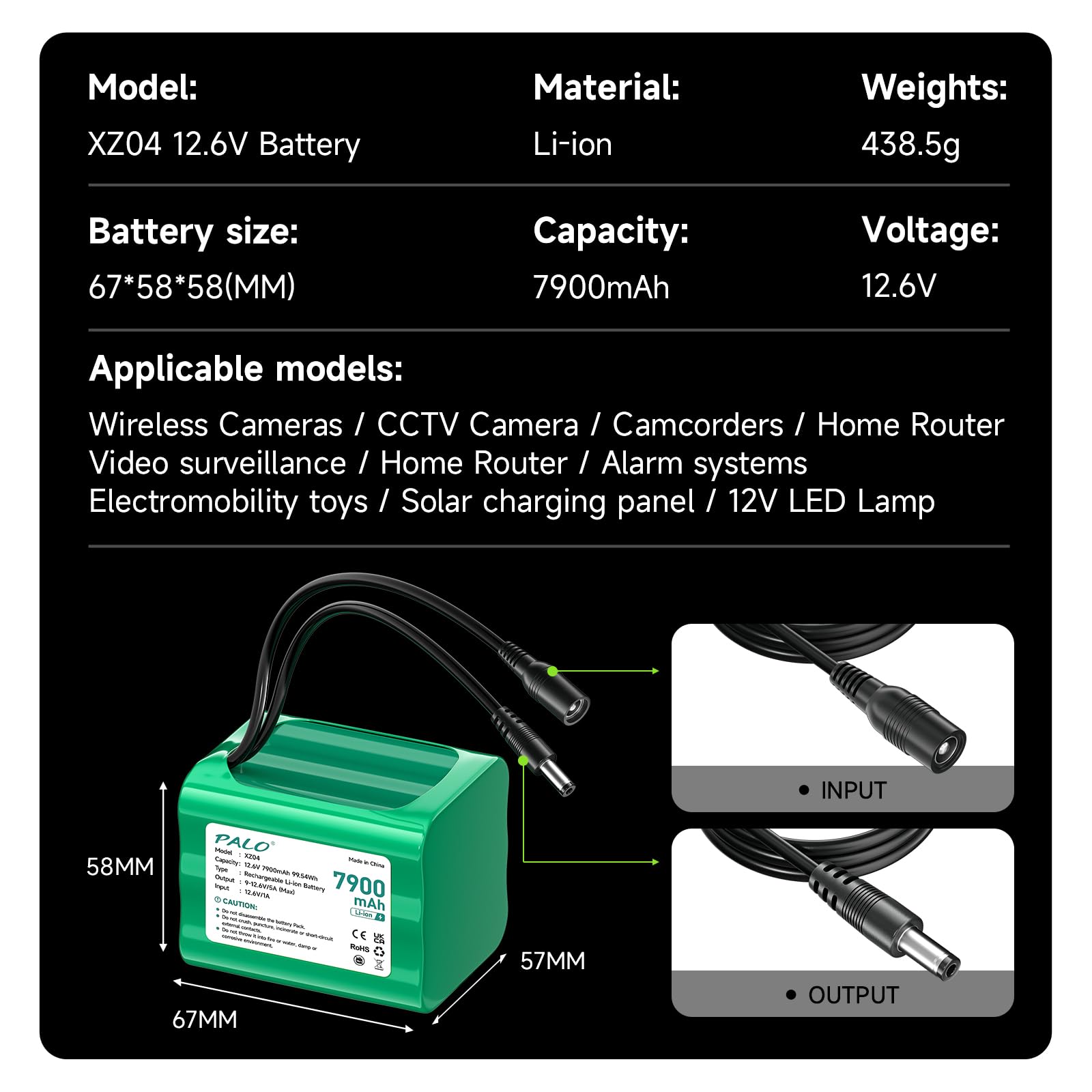 Batería de 12,6 V 7900 mAh CC con cargador para cable de conexión de 12 V, adaptador de red y adaptador de red de coche, para tira de iluminación LED, reproductor de MP3, router, bricolaje