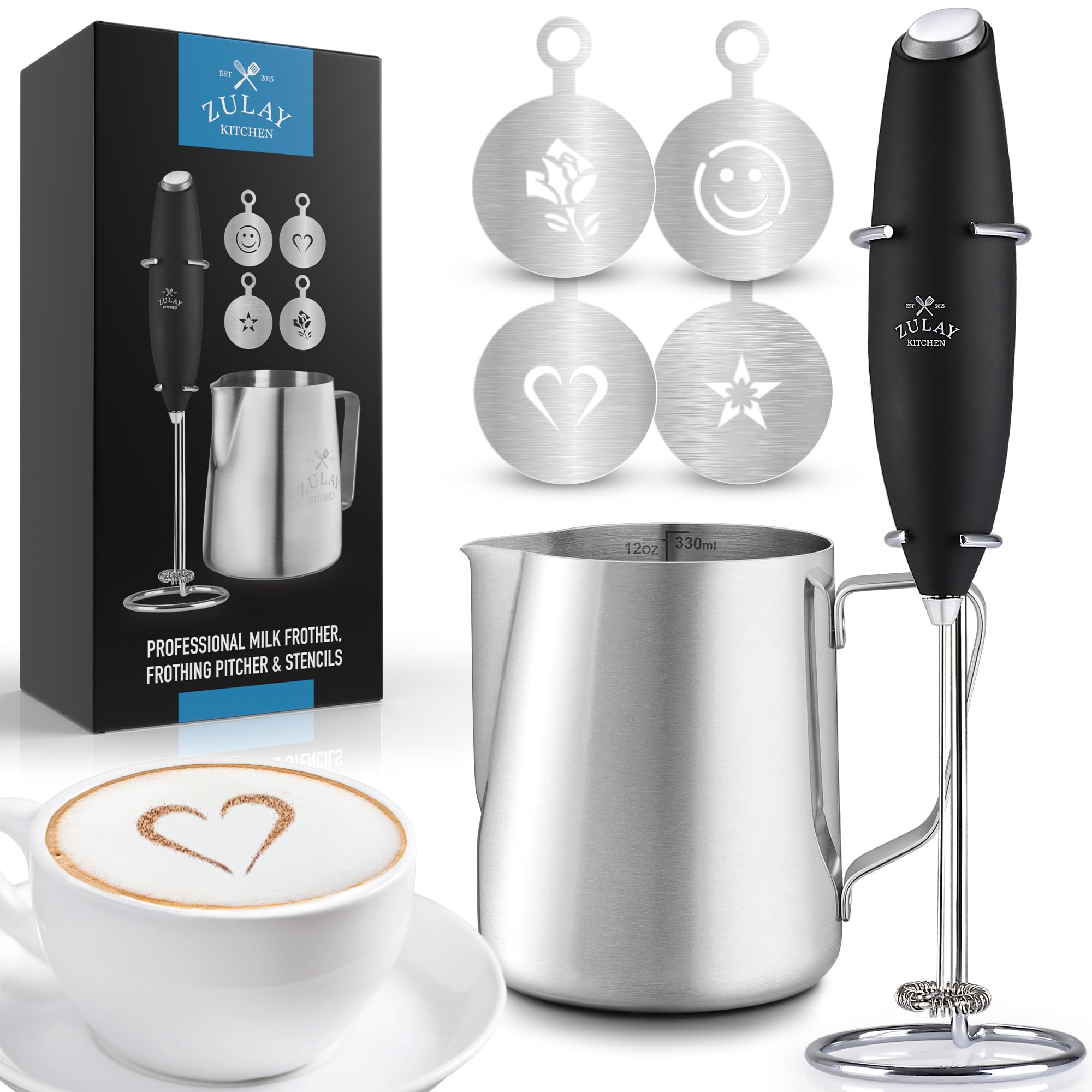 Zulay Kitchen Premium Gift Milk Frother Complete Set - Handheld Foam Maker, Stencils & Frothing Pitcher Set - Whisk Drink Mixer for Coffee - Mini Blender for Cappuccino, Frappe - Black