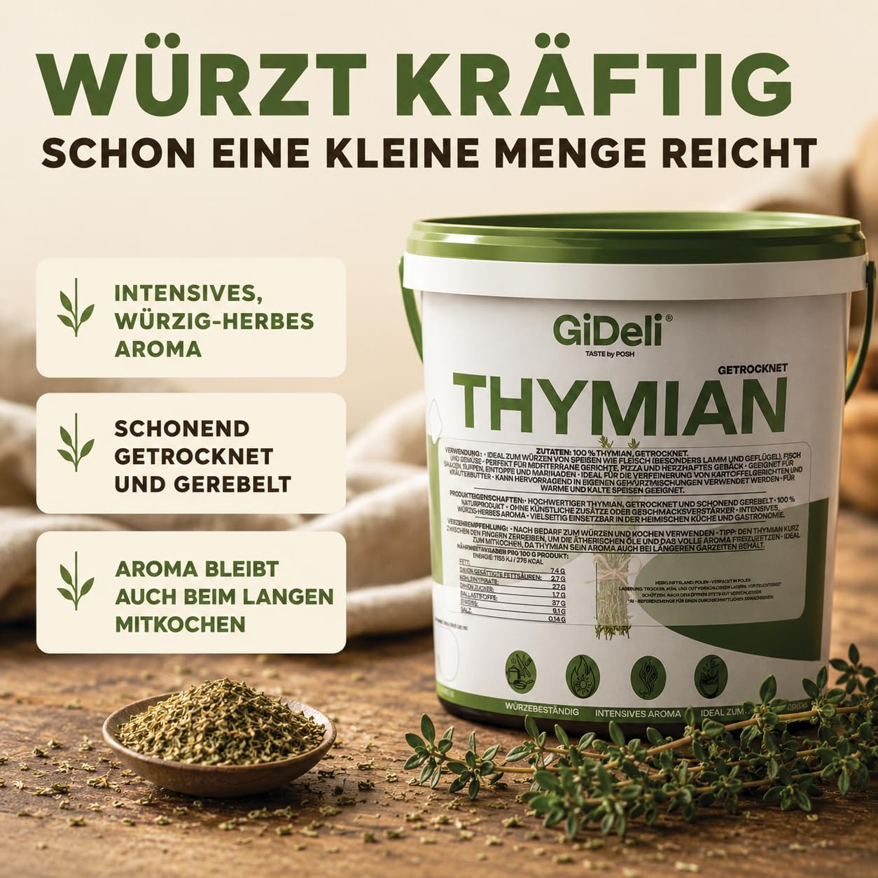 GiDeli Thymian Getrocknet 10kg im Eimer- 100% Naturprodukt ohne Zusätze - Schonend Gerebelt mit Intensivem Aroma - Hitzebeständig zum Mitkochen- Ideal für Fleisch, Pizza, Suppen & Mediterrane Gerichte