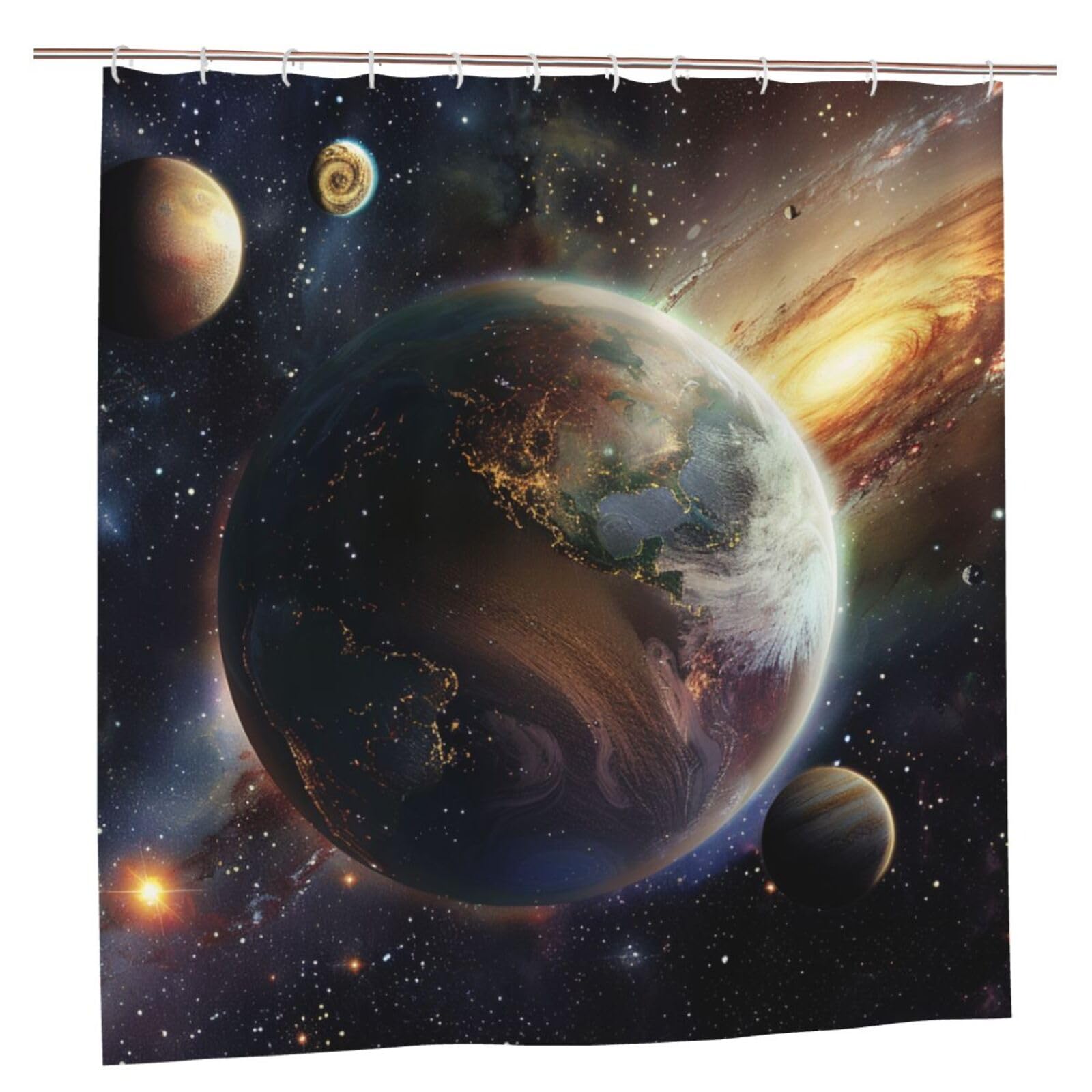 BWWHCCTI Universe Planet Printed Shower Curtain With 12 Plastic Hooks Opaque Quick Drying Waterproof Shower Curtains Sets For Bathroom 183x183 CM