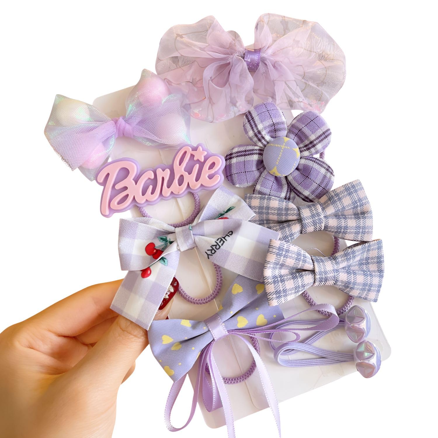 SYGA 10-Piece Hair Tie Set for Girls & Women - Plaid Bow, Glitter Mesh, Barbie & Floral Patterns, Sweet Princess Hair Accessories (Purple)-image-12