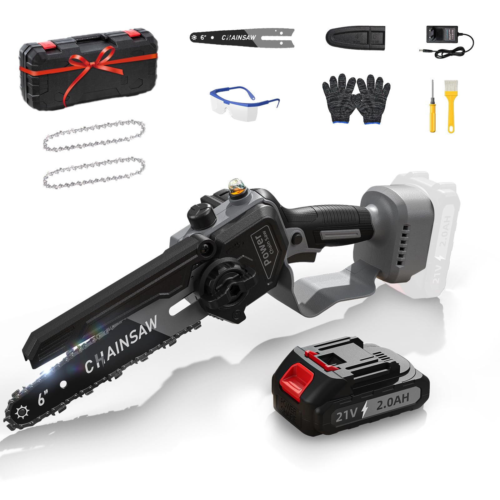 Mini Motosierra Bateria, Motosierra Eléctrica 6 Pulgadas 1000W Sin Escobillas Baterías 2000mAh con Depósito Para El Aceite, Ajuste sin Herramientas, Lubricación Automática de Cadena para Jardinería