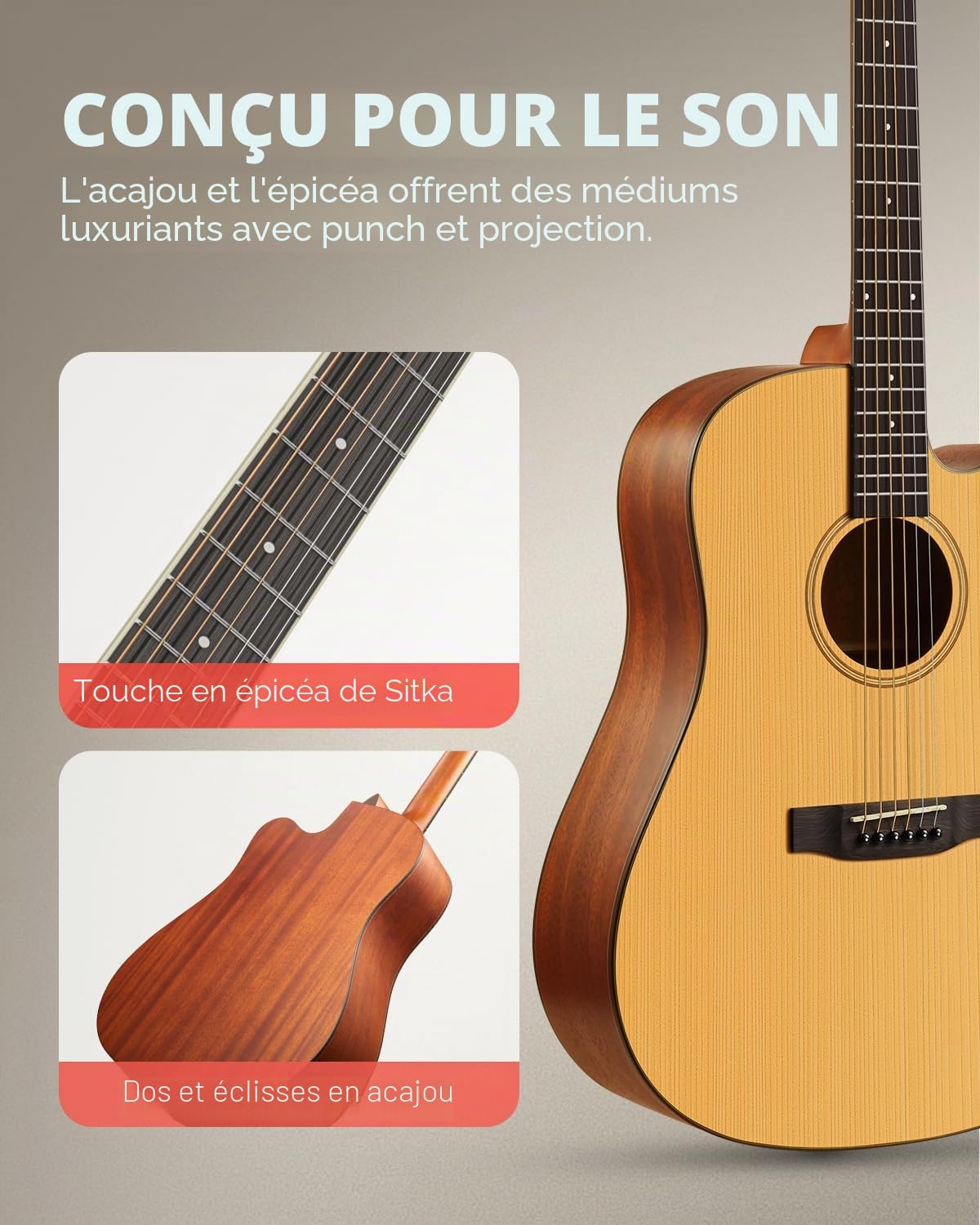 Donner Guitare Acoustique 4/4 Adulte Guitare Folk 41 Pouces Full Size Dreadnought pour Enfants Débutant((DAG-1C)