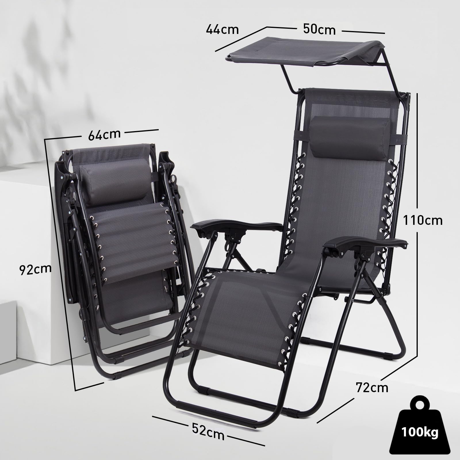 Todeco Tumbona Plegable Jardín con Toldo, Silla Gravedad Cero Reclinable con Respaldo Ajustable para Patio, Camping, Terraza y Piscina, Carga máxima 100kg, Gris