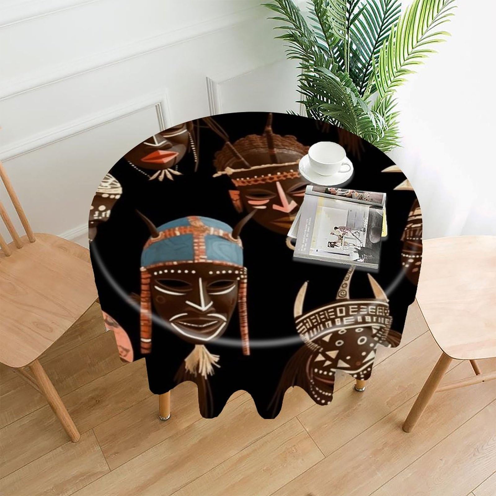 VstaDank African Ritual Ethnic Tribal Tablecloth Easy to Clean Polyester Round Table Cover Washable Round Table Cloth Wrinkle-Free Circle Decoration Tablecloth for Kitchen Dining Room 60"