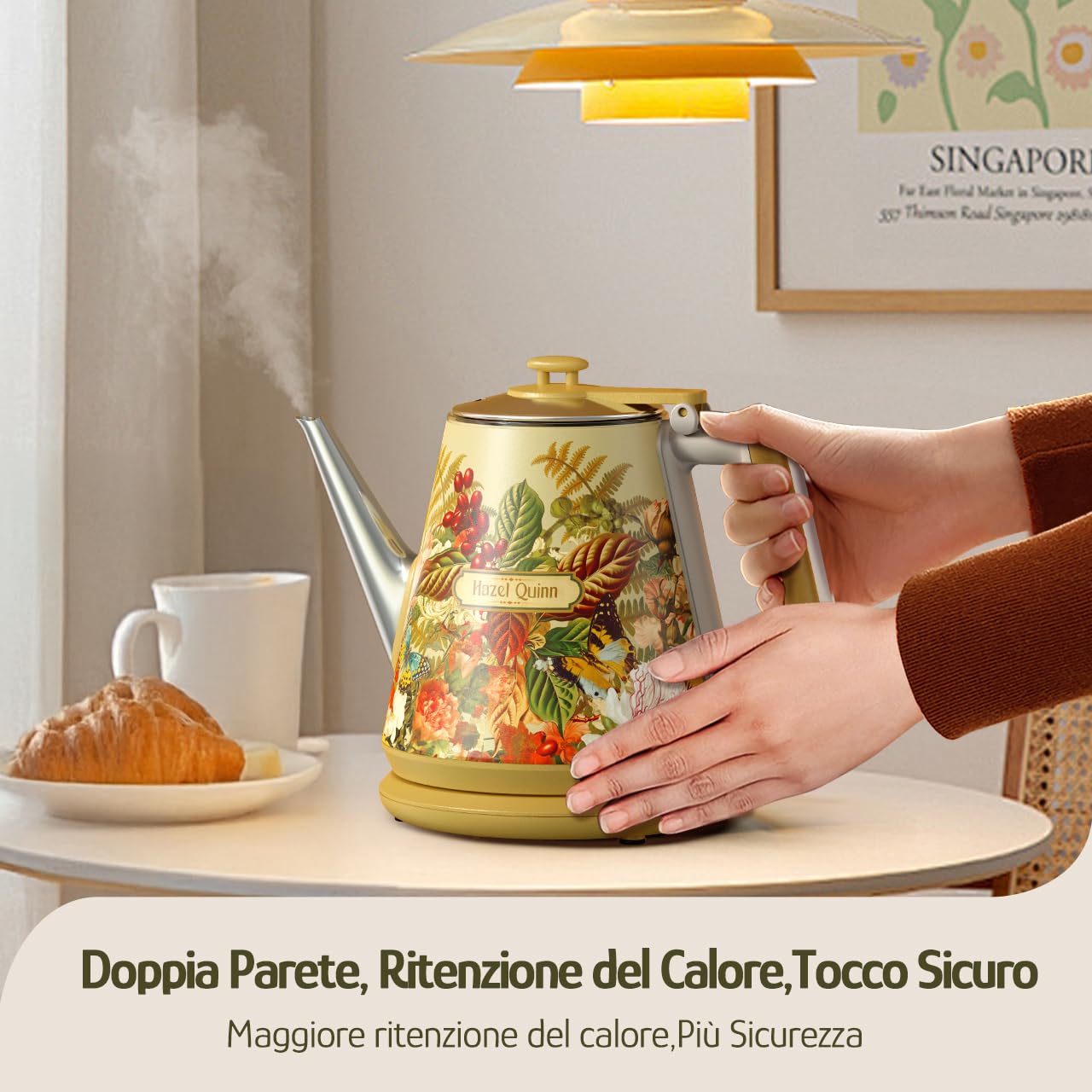 Hazel Quinn × Eduardo Recife Mini Bollitore Elettrico 1 L, Inox, Floreale | Bollitura Rapida 1360 W, Inox, Senza BPA, Doppia Parete Fredda al Tatto, Senza Fili, Autospegnimento, Beccuccio a Collo d'Oca