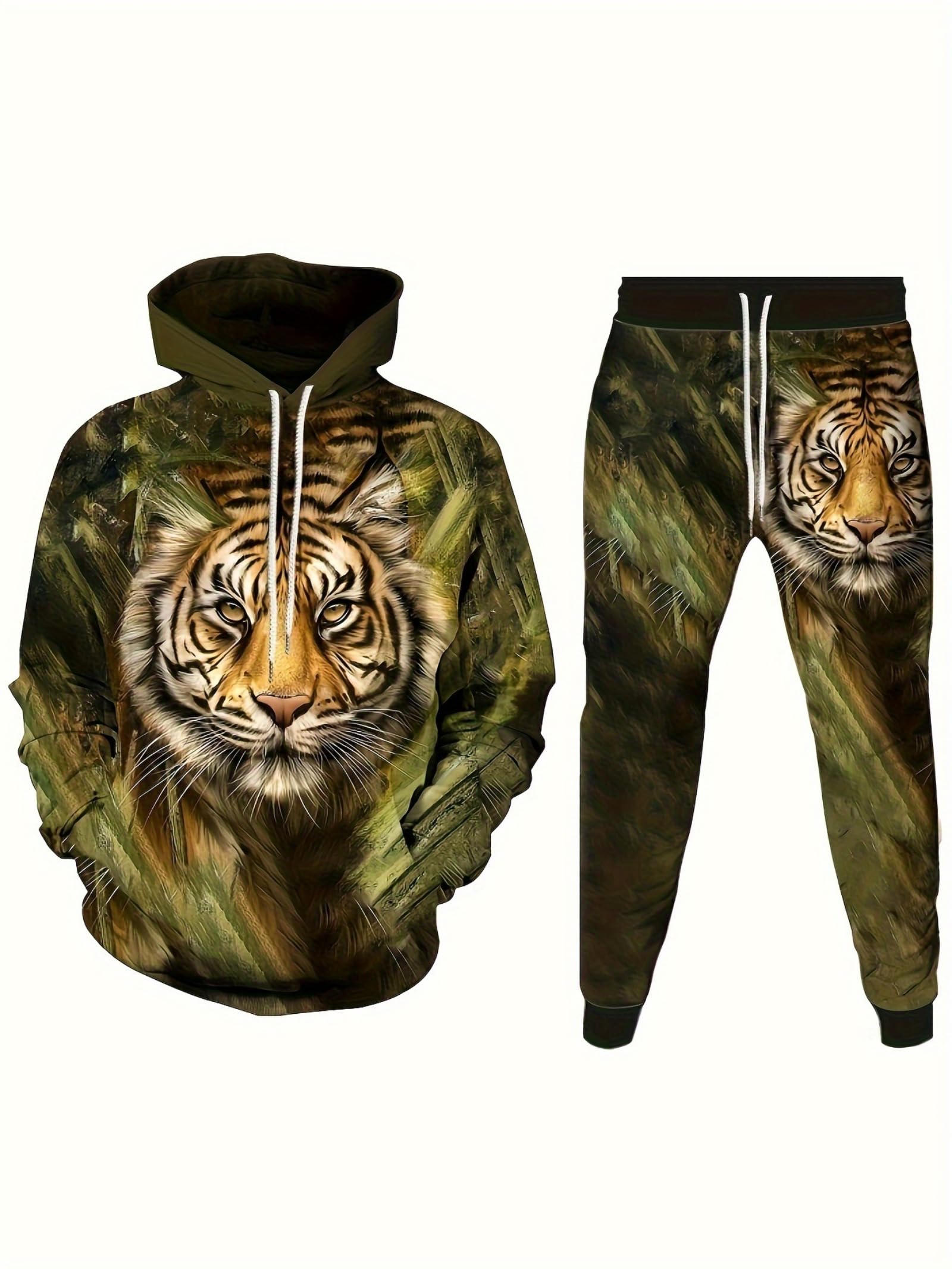 Set tuta da uomo con cappuccio e pantaloni della tuta con stampa tigre 3D, alla moda, felpa con cappuccio e pantaloni, set da 2 pezzi, tuta da jogging da uomo