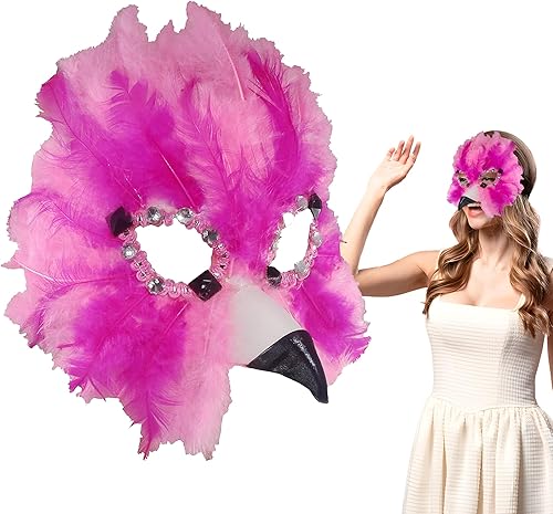 Nicky Bigs Novelties Máscara de flamenco rosa para mujer, máscara de disfraz con plumas de diamantes de imitación, correa elástica, ligera,