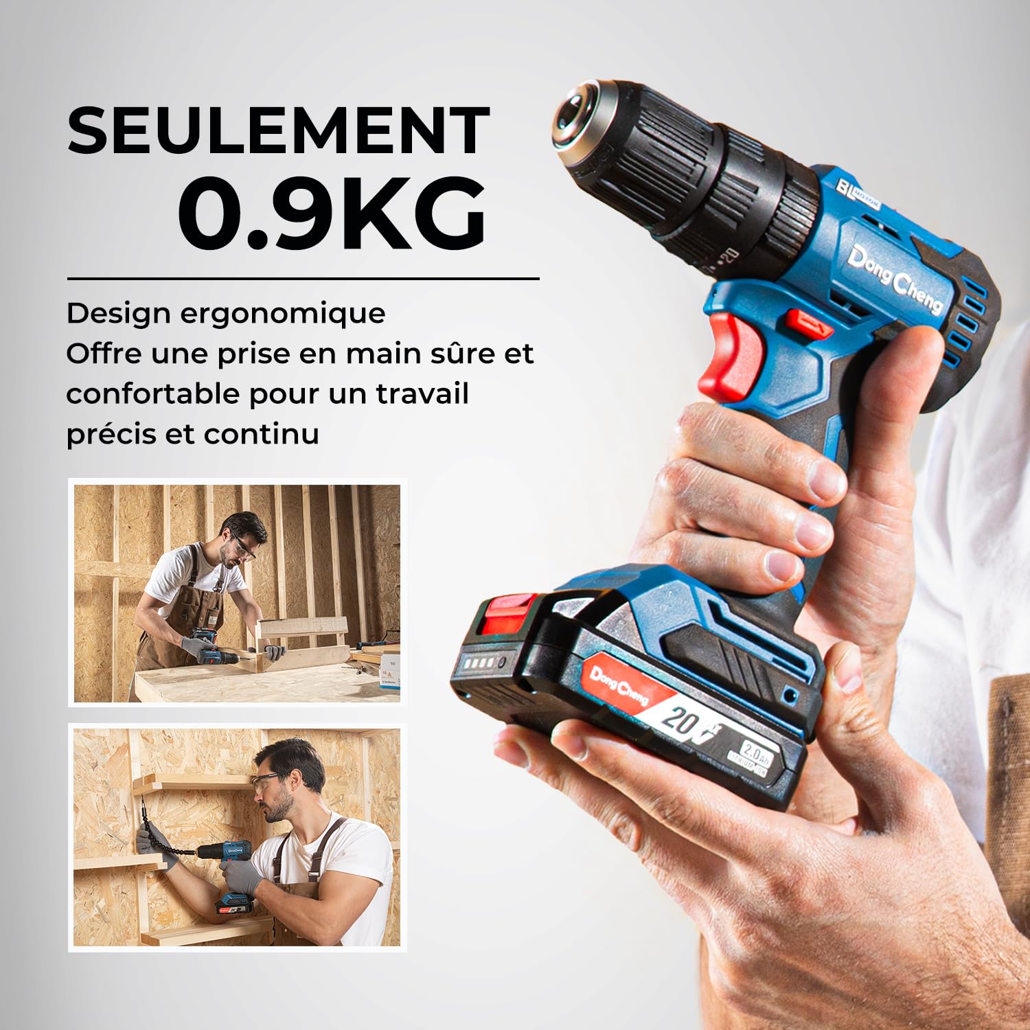 Dong Cheng Perceuse à percussion sans fil 20V 50Nm, Perceuse visseuse à percussion batteries 2x2,0Ah, 20+3 niveaux de couple, moteur sans charbon, mandrin de 13mm, 2 vitesses, chargeur, LED