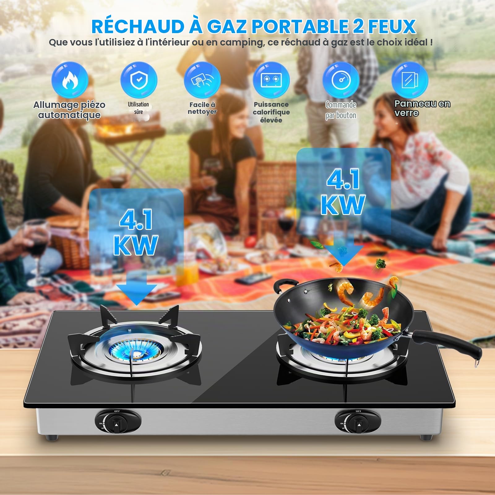 Plaque de Cuisson Gaz 2 Feux, Plaque Gaz 2 Feux Verre Noir, 8.2KW, Portable Feux Gaz, Facile à Utiliser, Nettoyage Rapide Convient au propane