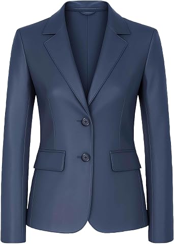JJackin Womens Real Lambskin Leather Blazer Jacket - Casual 2-Button Sport Coat Jacket Long Sleeves Suit Style