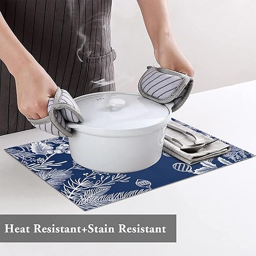 Miniatura 4 de Juego de 6 manteles individuales azules de Navidad, diseño floral de hojas de pino, resistentes al calor, lavables, manteles individuales de algodón