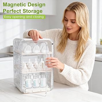 Baby Bottle Organizer,3/4 Tier Bottles Storage Organizers,Clear Station Organizer ContainerClear Baby Bottle Storage Organizer For Countertop And Cabinet,Ideal for Bottles, Pacifiers,Pump Parts