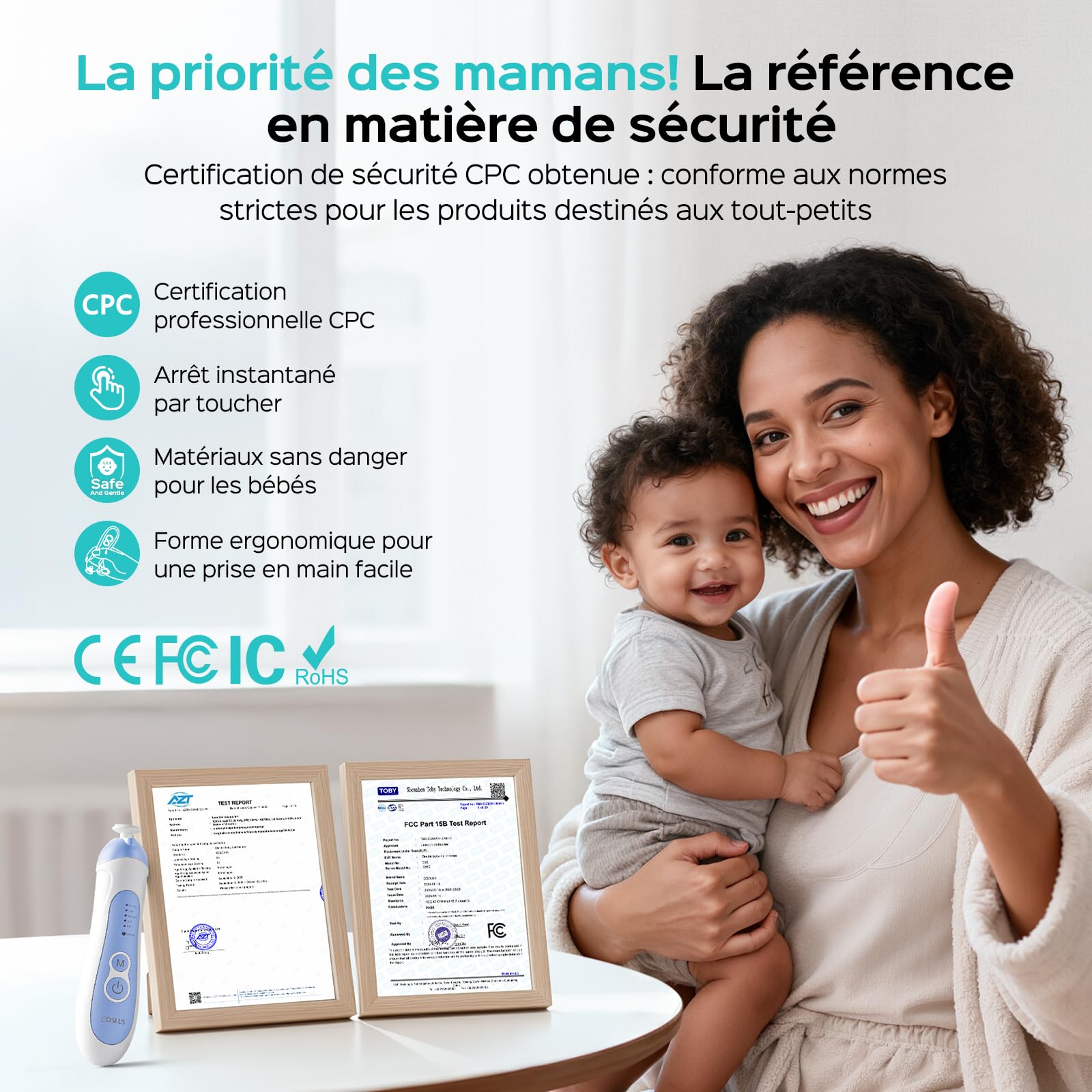 COSLUS Lime à Ongles Électrique Bébé : Lime à Ongles Électrique Bébé set Manucure Pedicure 6 Têtes de Ponçage, 5 Modes, Lumière LED, Pour Nouveau-nés, Soin des Ongles en Sécurité, C52 Bleu Foncé